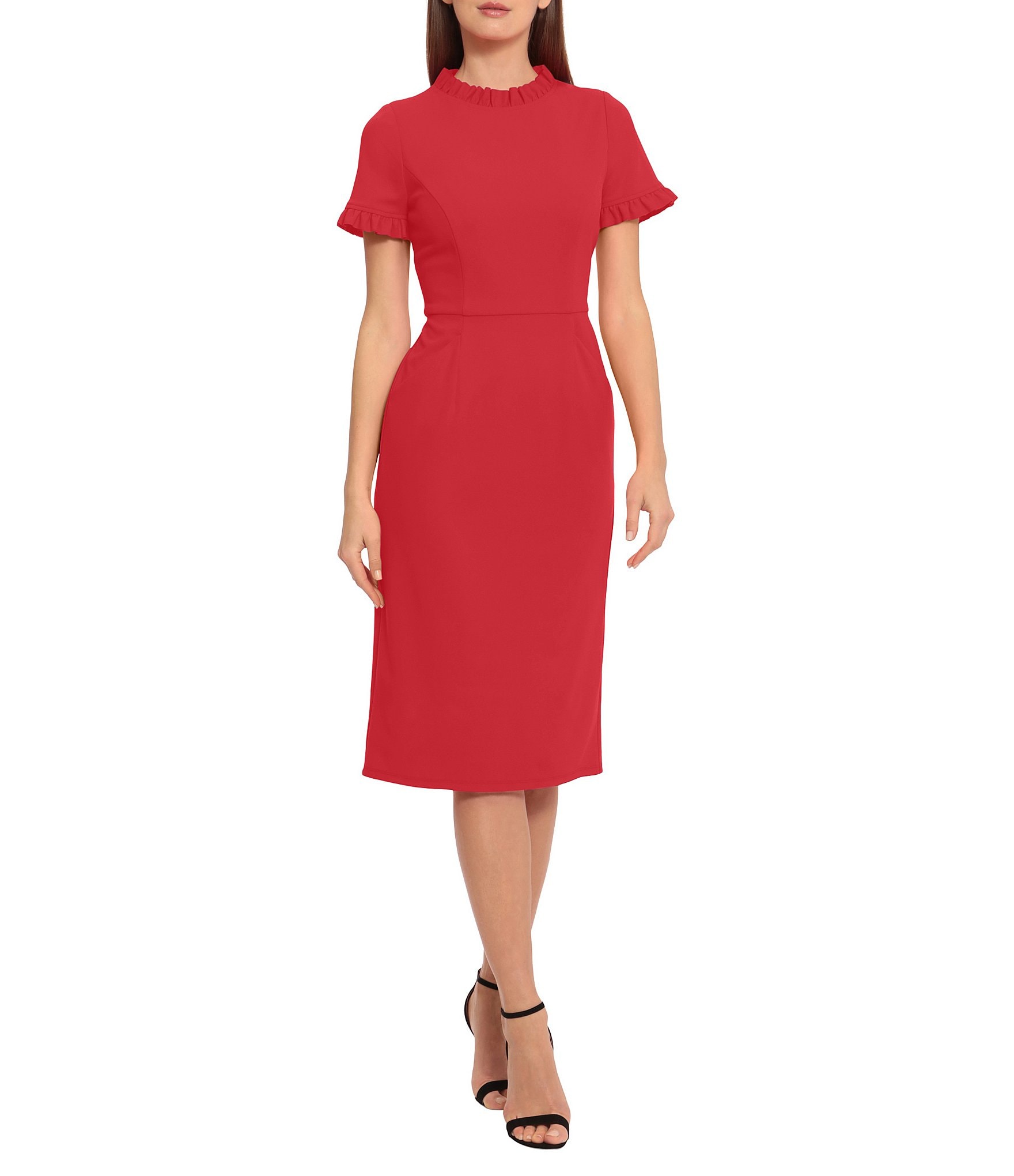 Stretch ruffle crepe outlet sheath dress