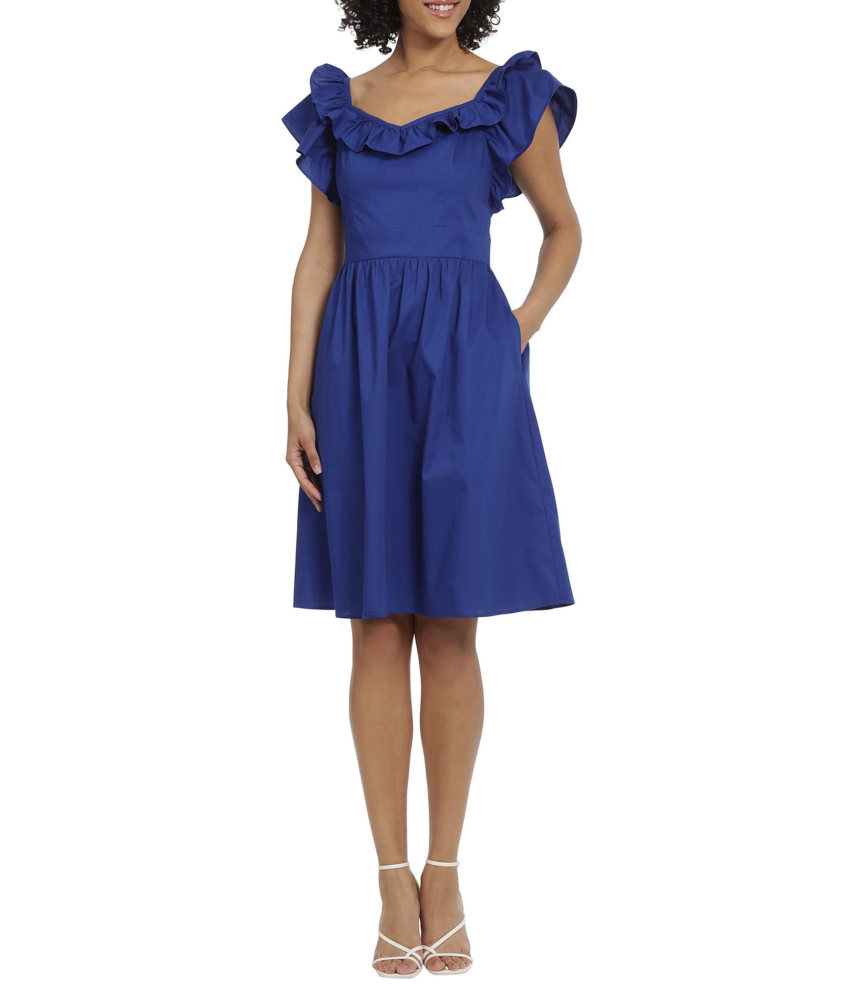 Maggy London Women´s Short Puff Sleeve Dress with Pleated VNeck