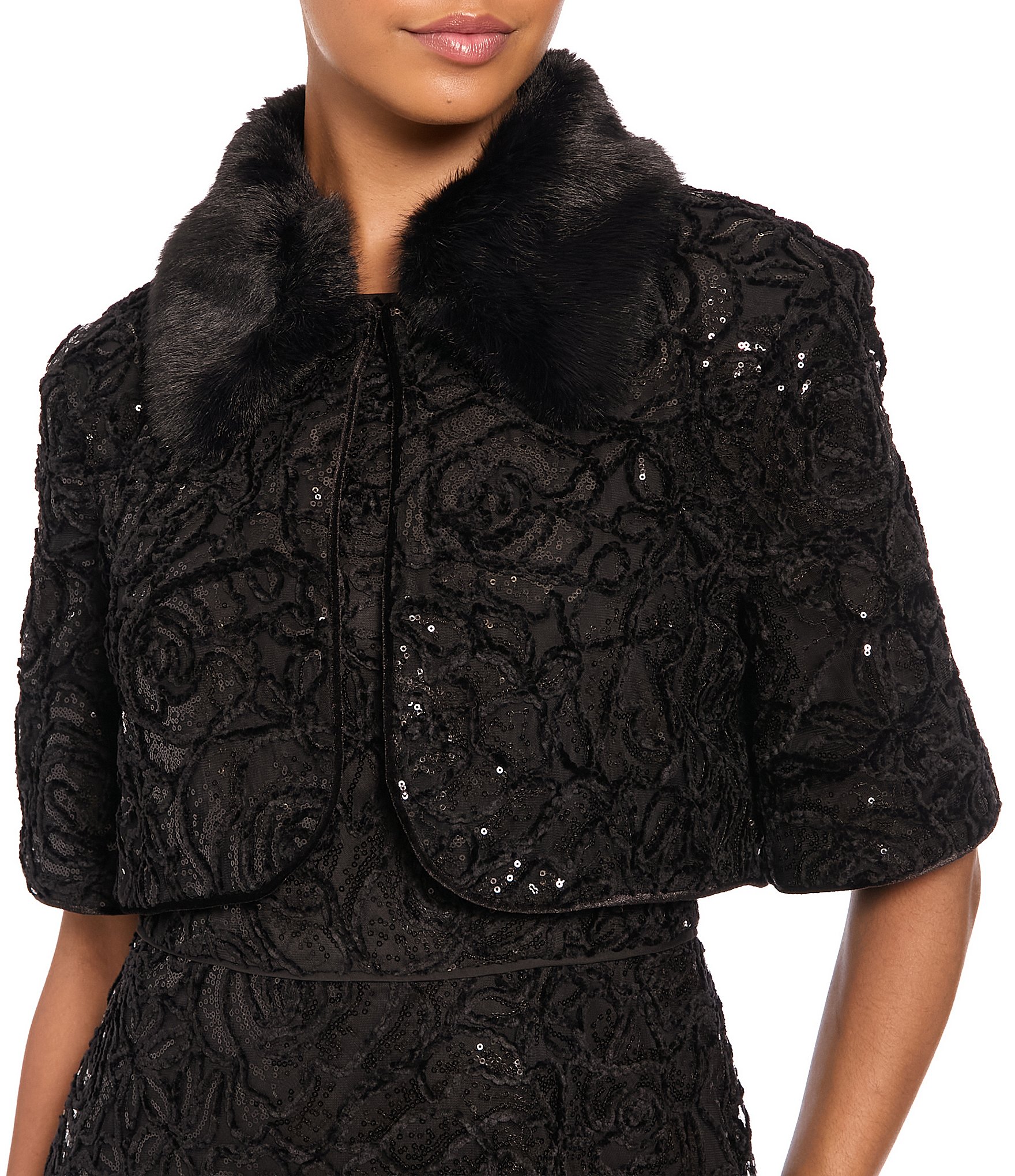 Maggy London Sequin Mesh Cropped Fur Trimmed Jacket