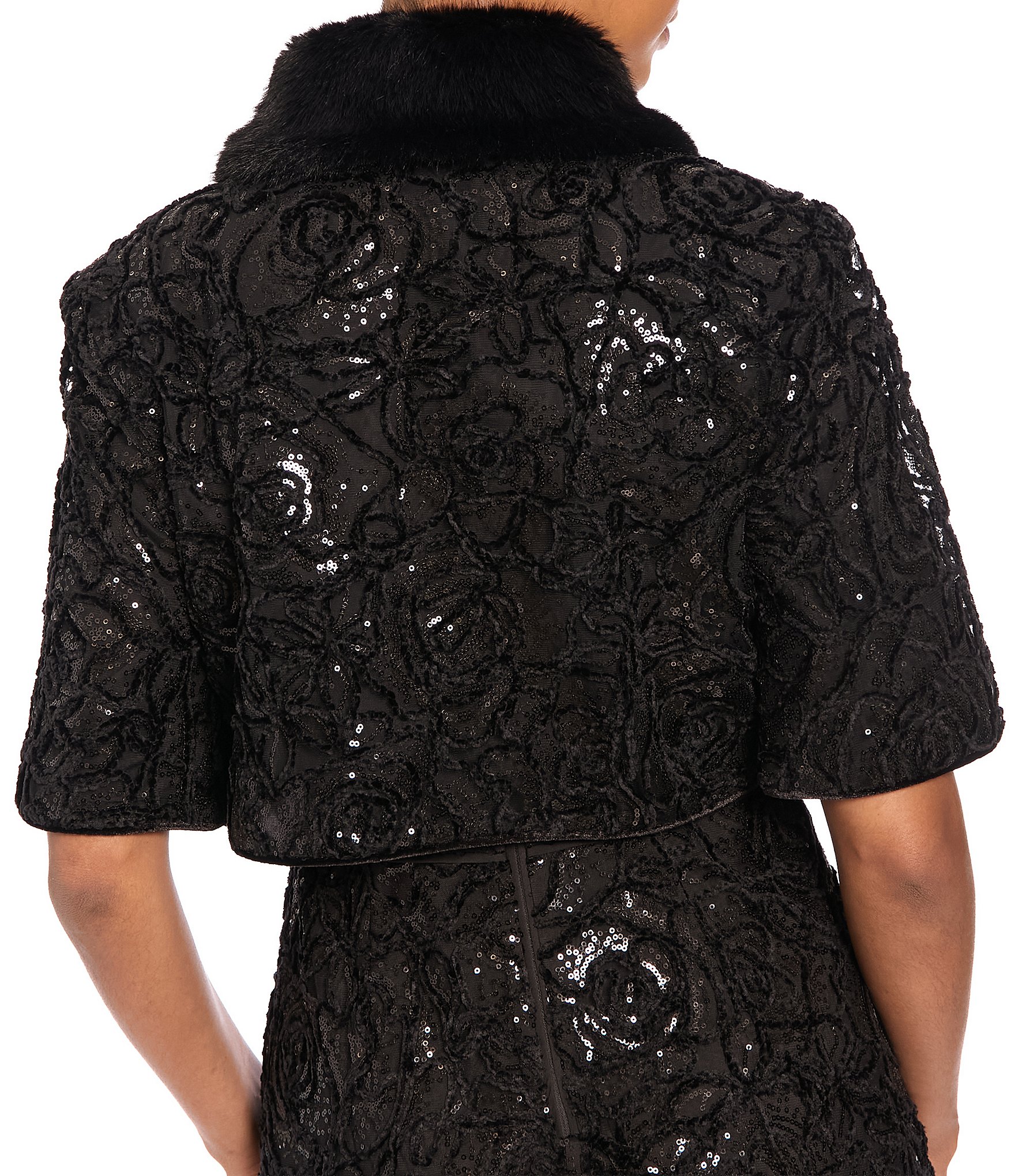 Maggy London Sequin Mesh Cropped Fur Trimmed Jacket