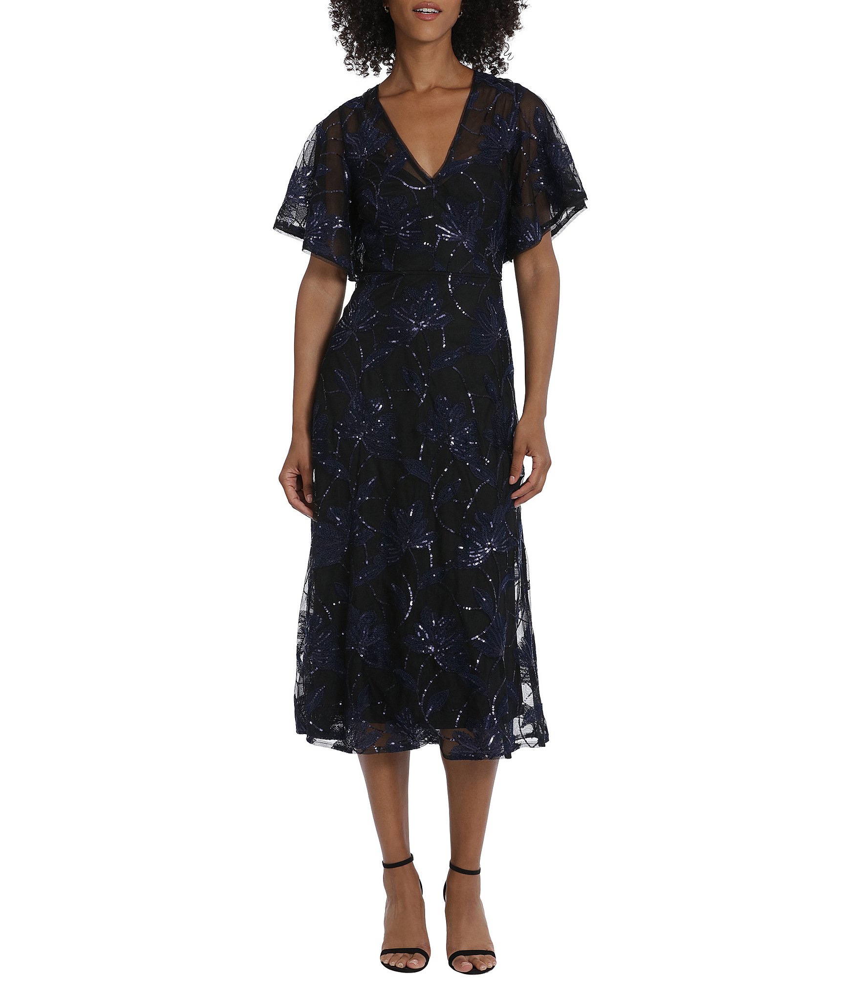 Maggy London Sequin V Neckline Short Flutter Sleeve Midi Dress | Dillard's