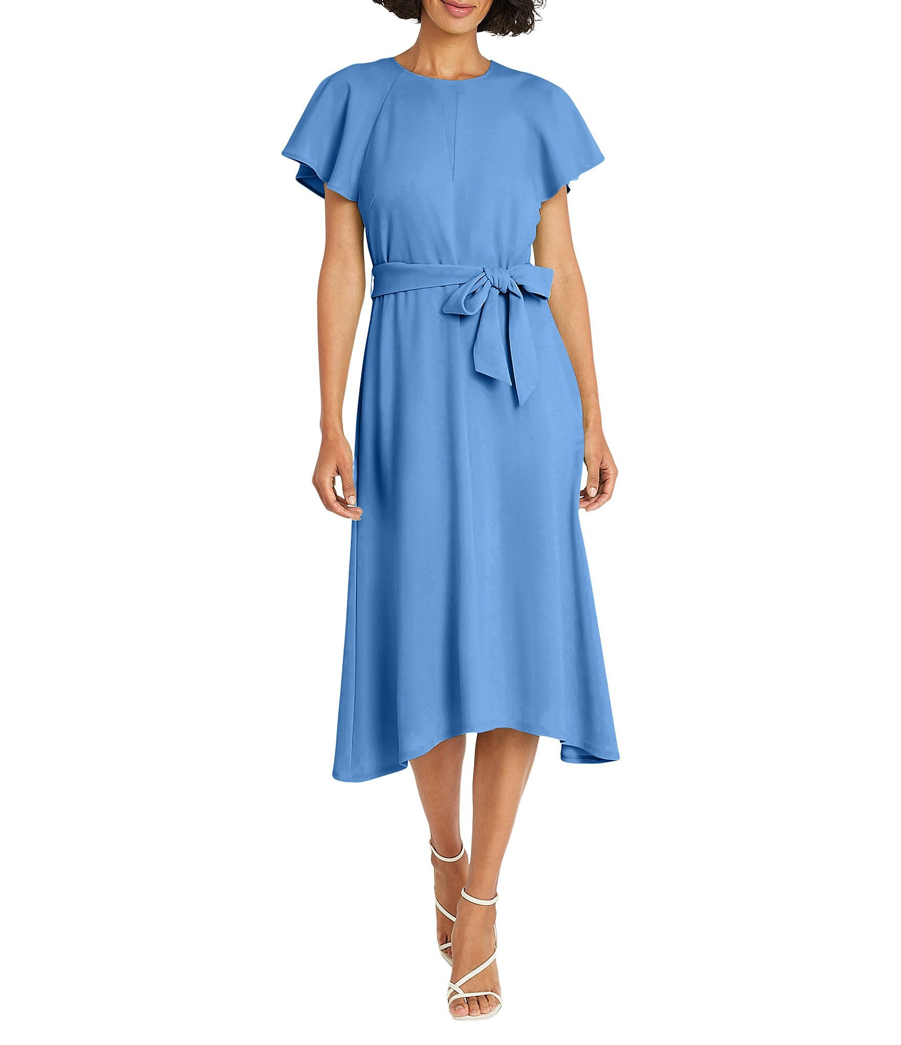 Maggy London Stretch Cloud Crepe Round Neck Short Flutter Sleeve Midi