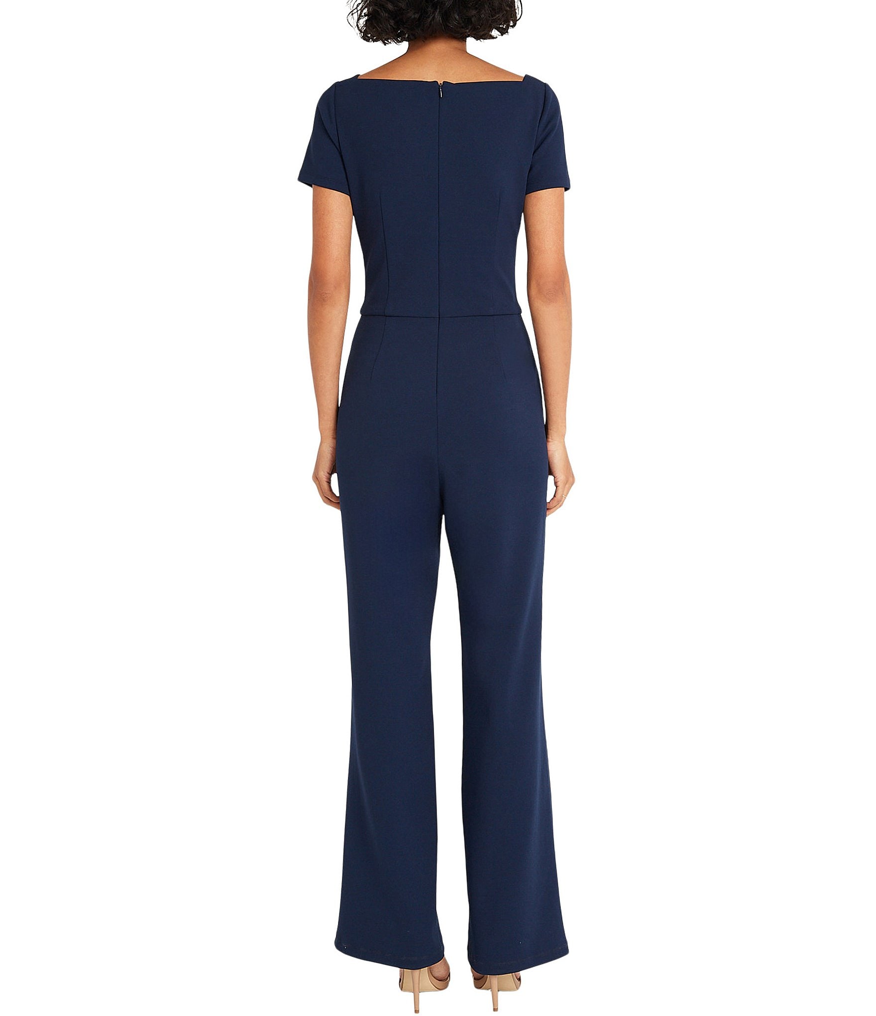 Maggy London Stretch Scuba Crepe Asymmetrical Square Neck Short Sleeve Jumpsuit