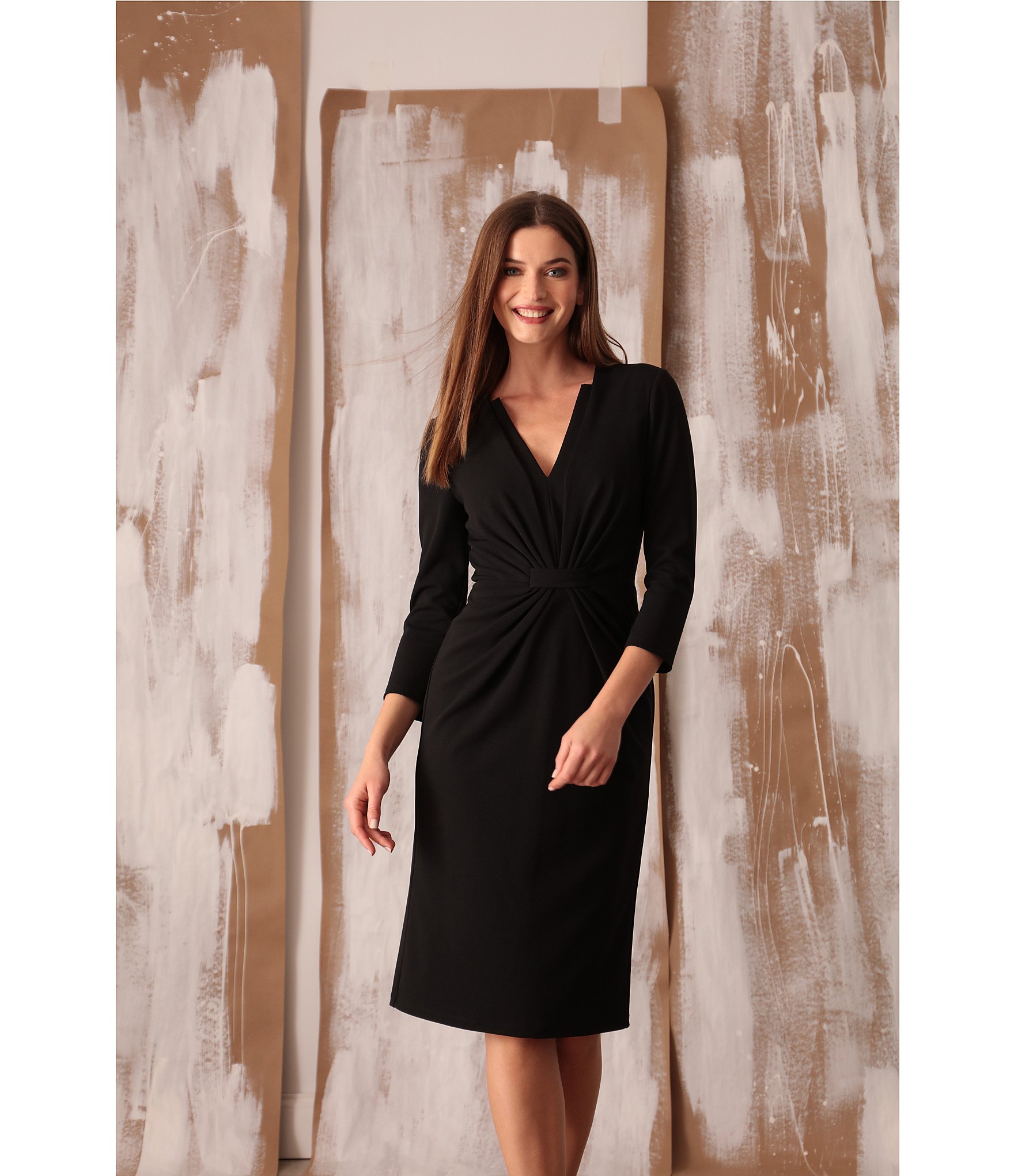 Maggy London Stretch V-Neck 3/4 Sleeve Belted Waist Ruched Sheath Dress