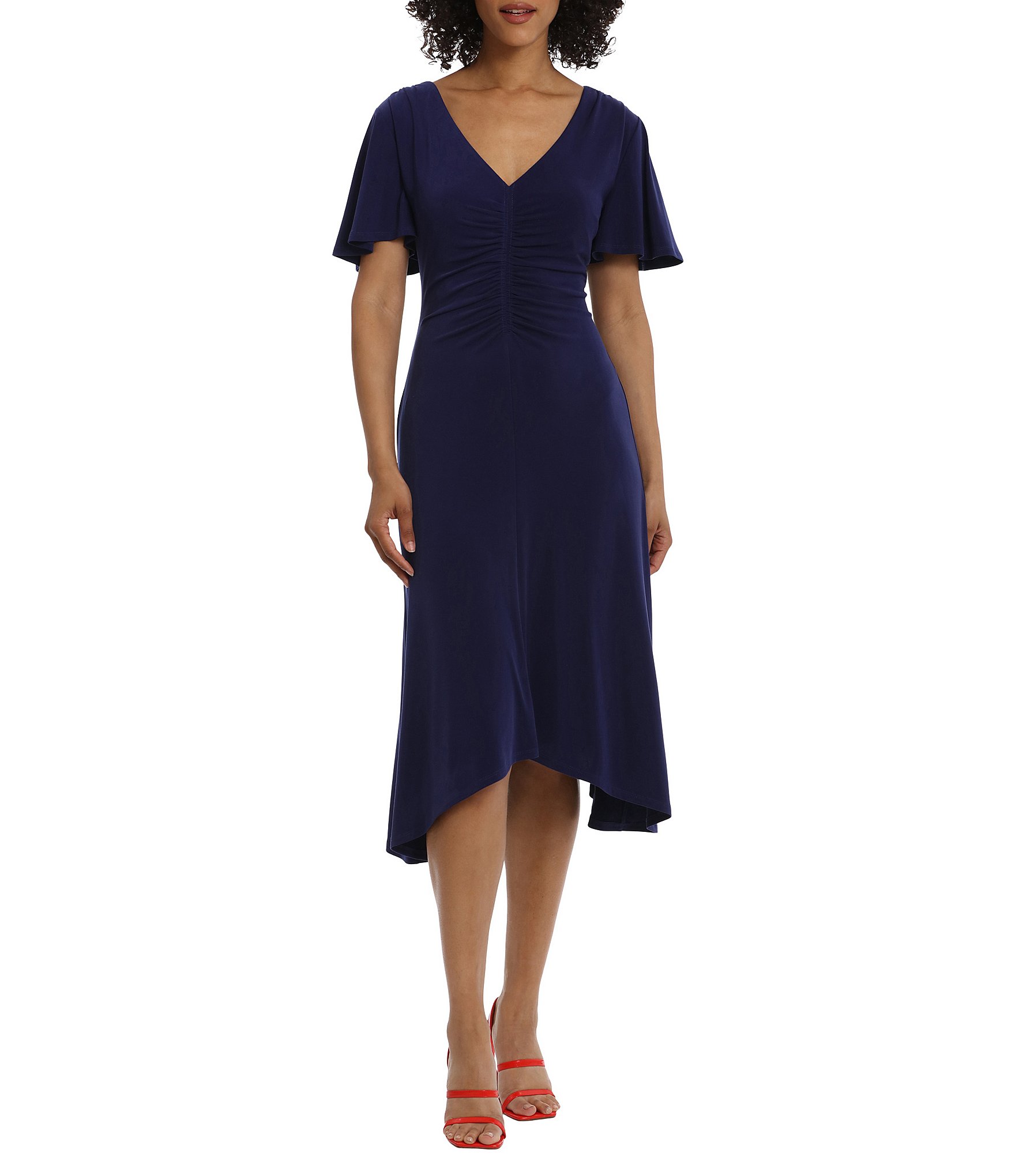 Maggy London Stretch V-Neck Short Sleeve Ruched Bodice Dress | Dillard's