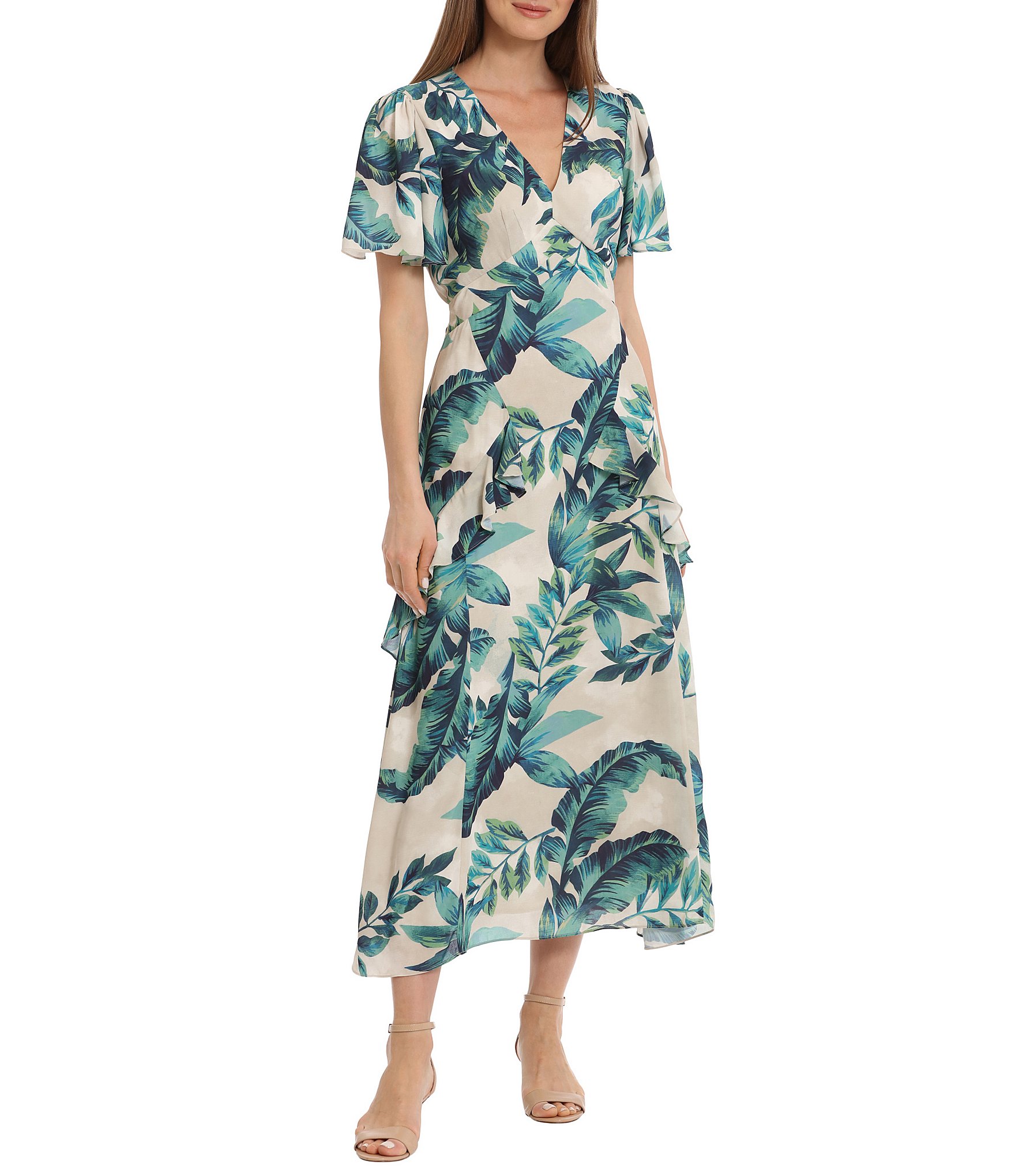 Maggy London Tropical Print V-Neck Short Sleeve Ruffled Maxi Dress ...
