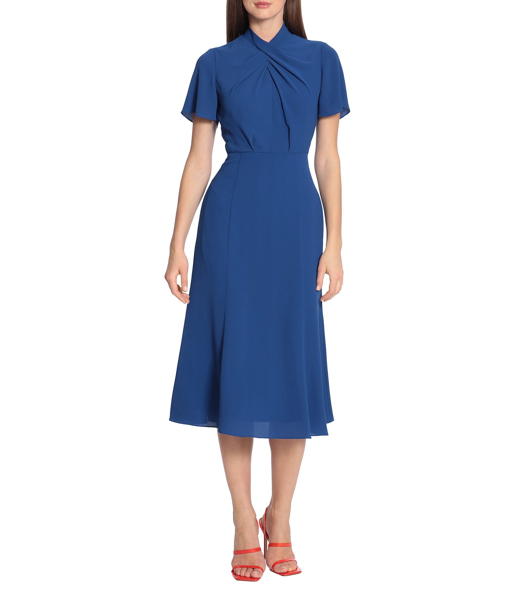 Maggy London Twist Mock Neck Short Sleeve Stretch Midi Dress | Dillard's