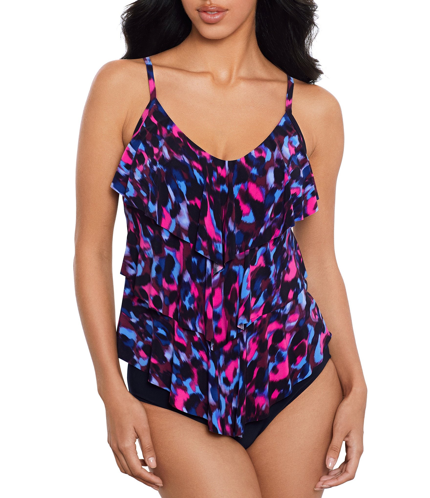 Magicsuit Cherry Bomb Rita Printed V Neck Ruffle Detail Tankini Swim Top And Solid Jersey Brief 6608