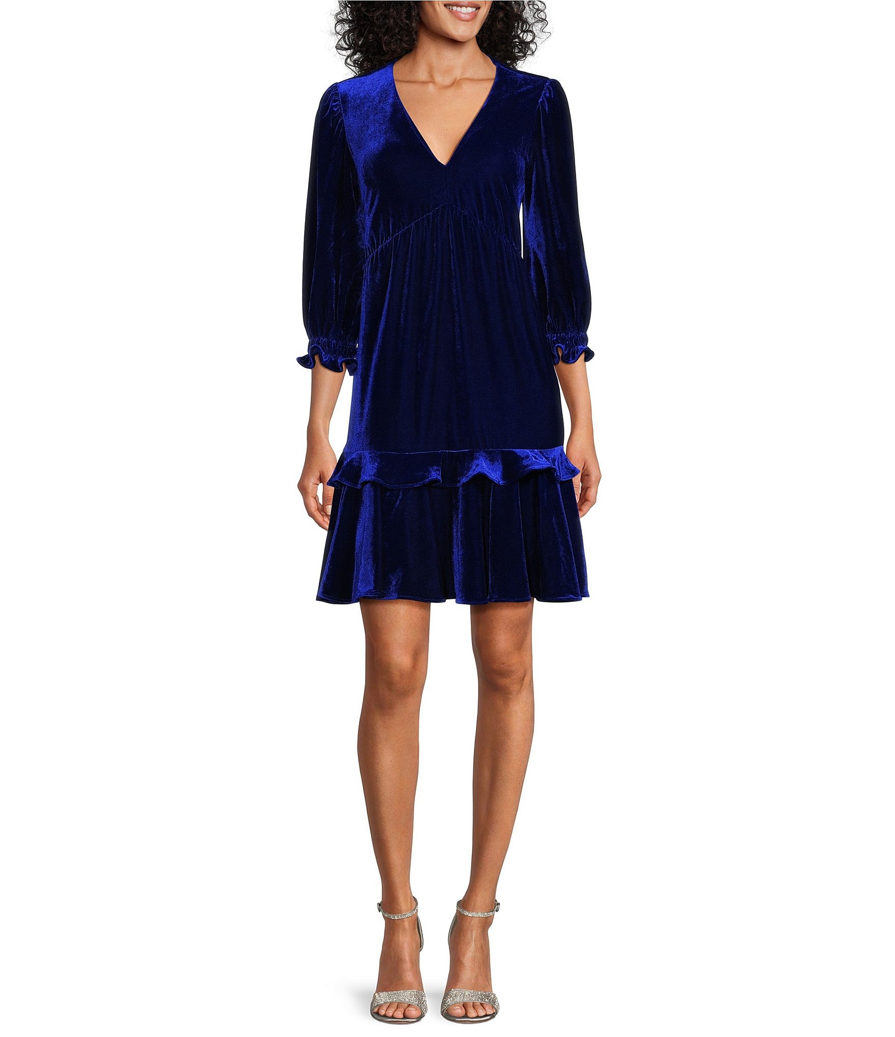 Maison Tara 3/4 Sleeve V-Neckline Tiered Ruffle Velvet Dress | Dillard's