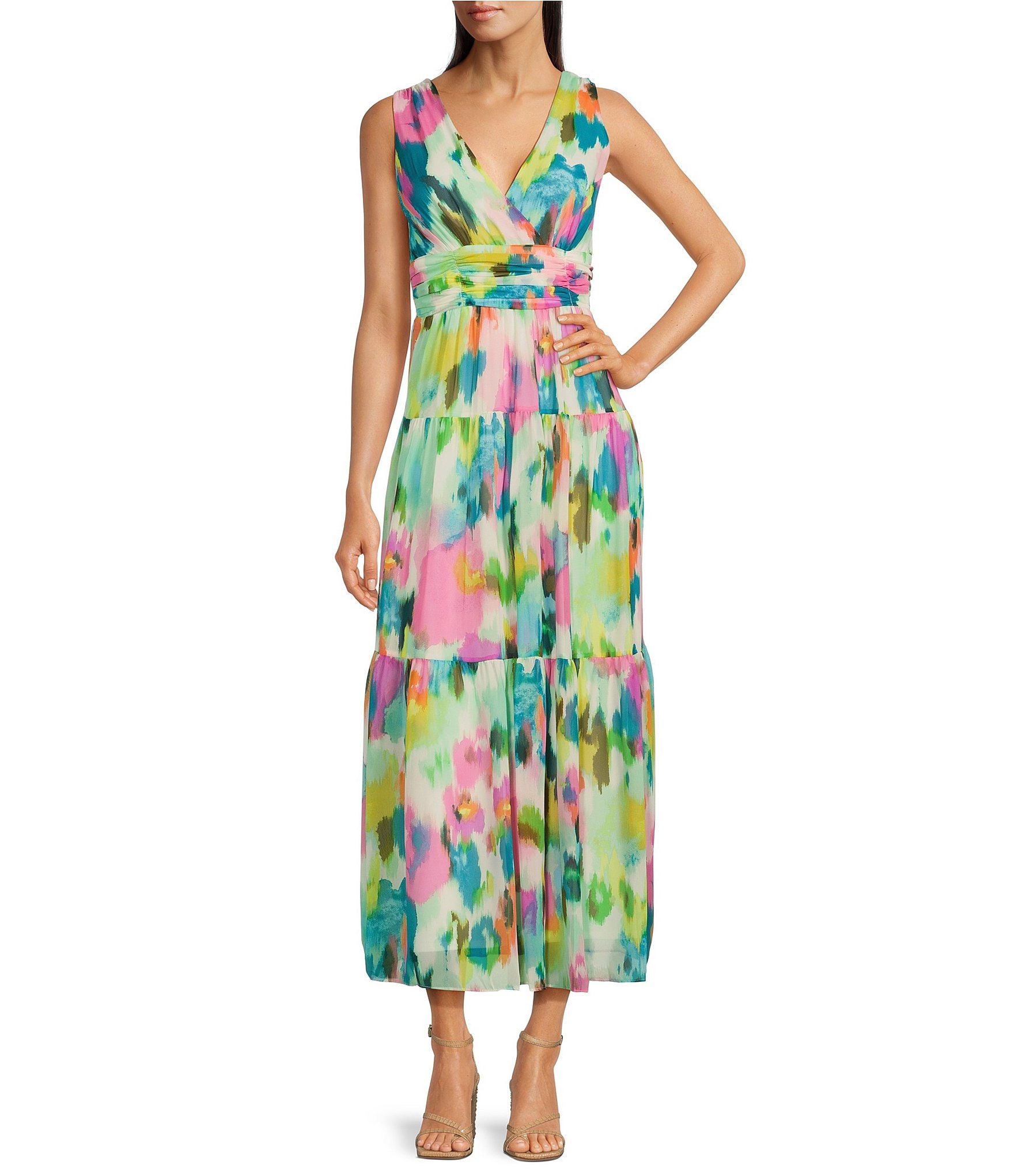 Maison Tara Abstract Printed Chiffon Midi Dress | Dillard's