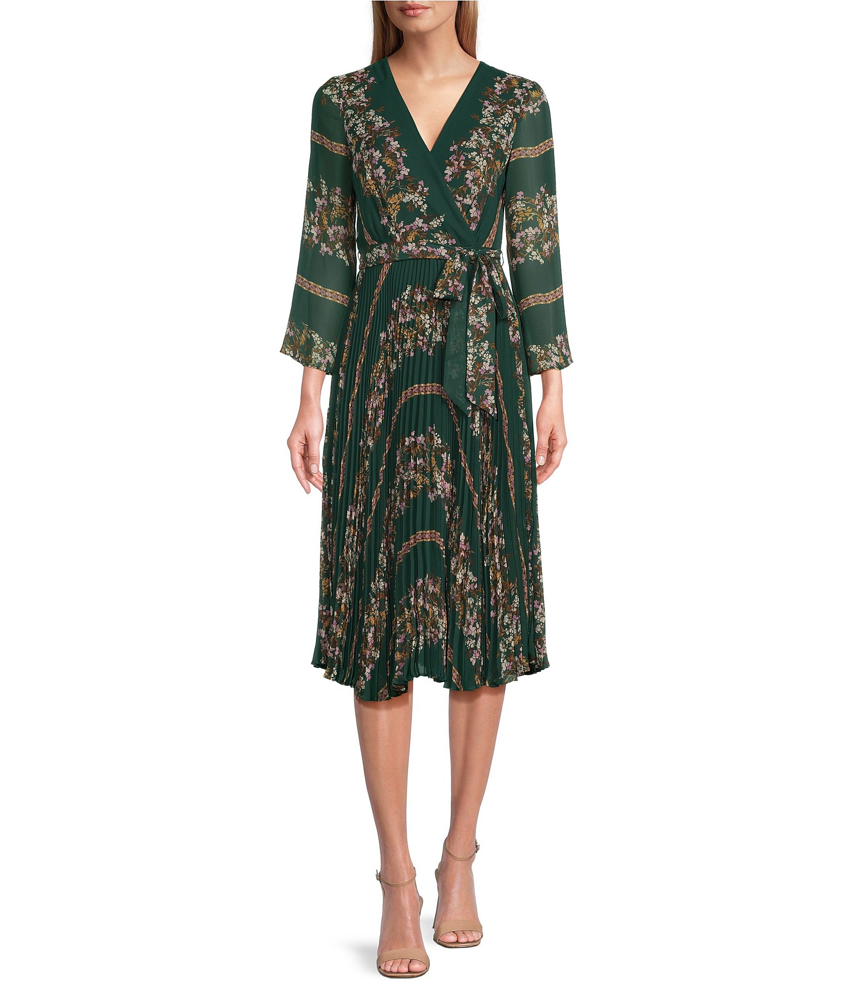 Maison Tara Floral Print 3/4 Sleeve Surplice V-Neck Pleated Skirt Chiffon  Midi Dress | Dillard's