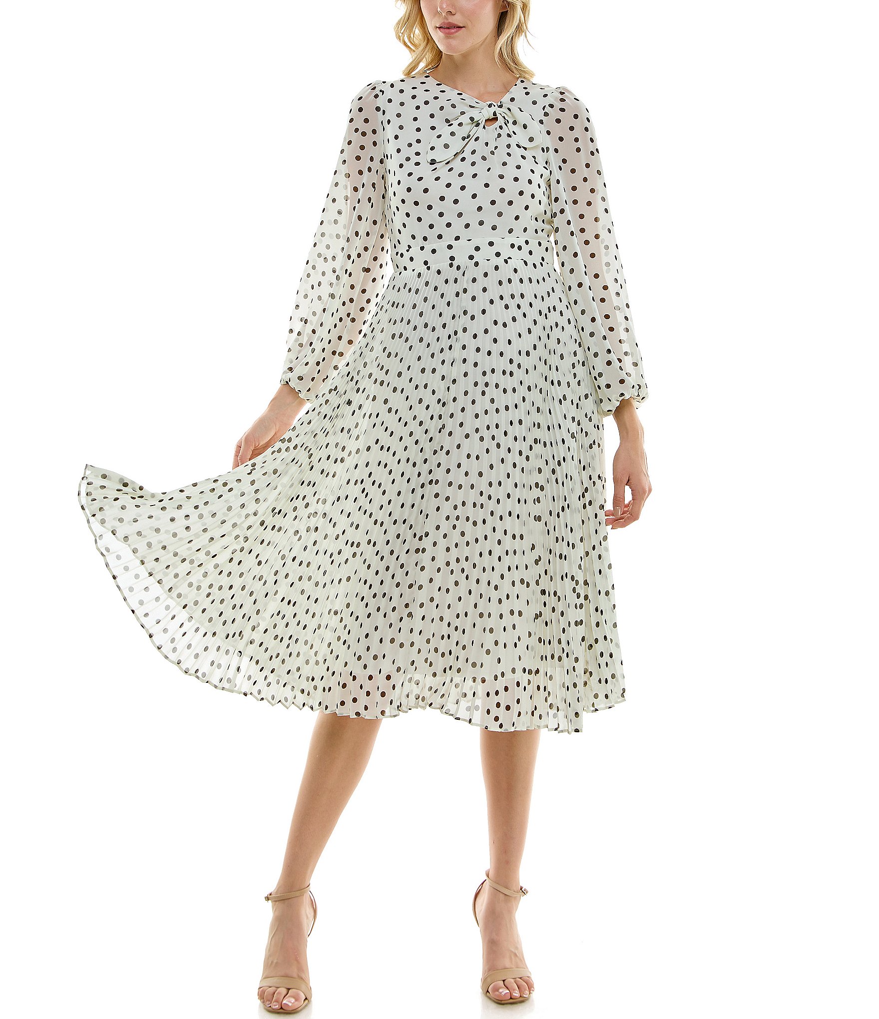 Maison Tara Long Sleeve Tie Crew Neck Pleated Polka Dot Chiffon A-Line Midi  Dress | Dillard's