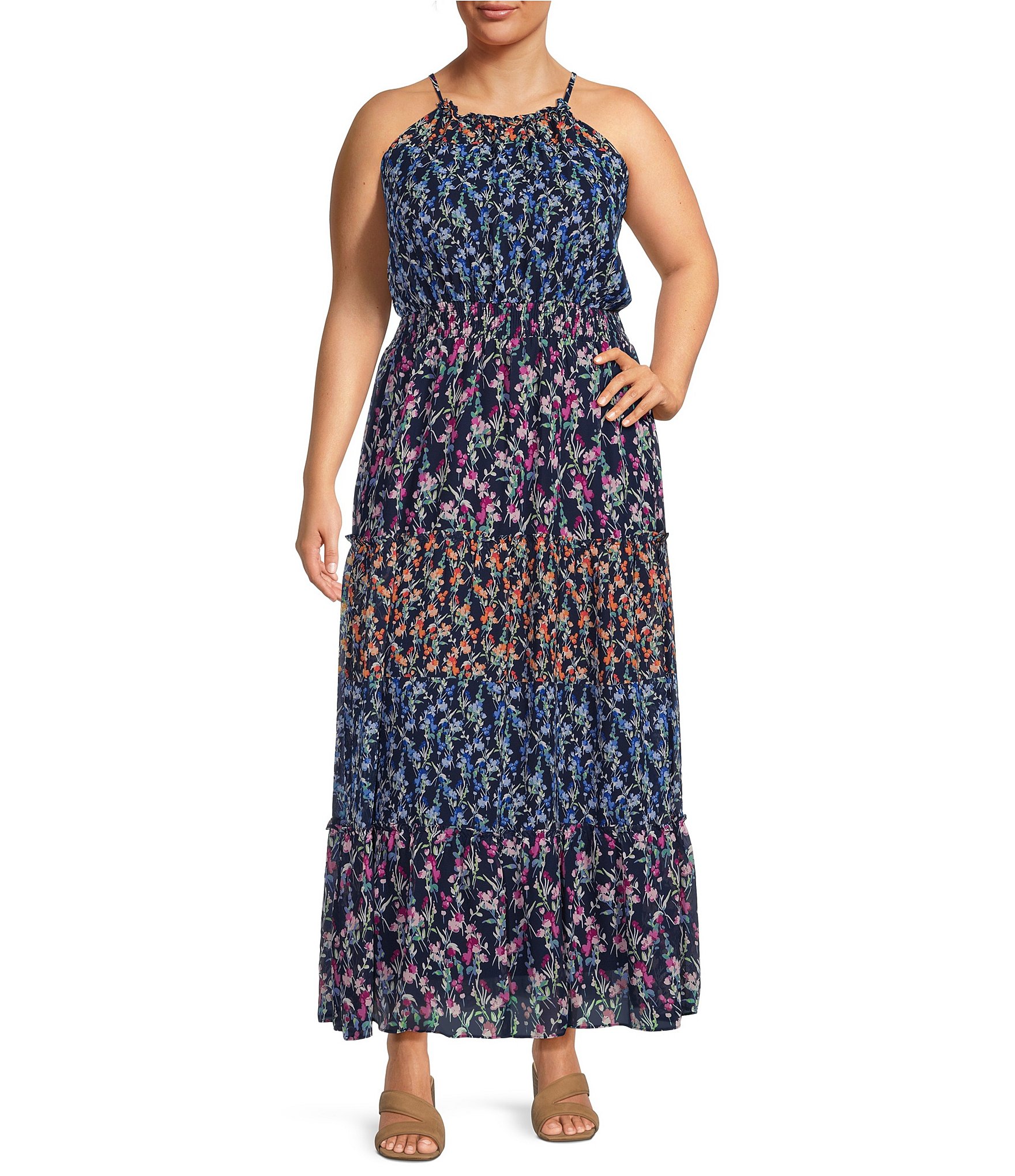 Maison Tara Plus Size Floral Print Halter Neck Maxi Dress | Dillard's