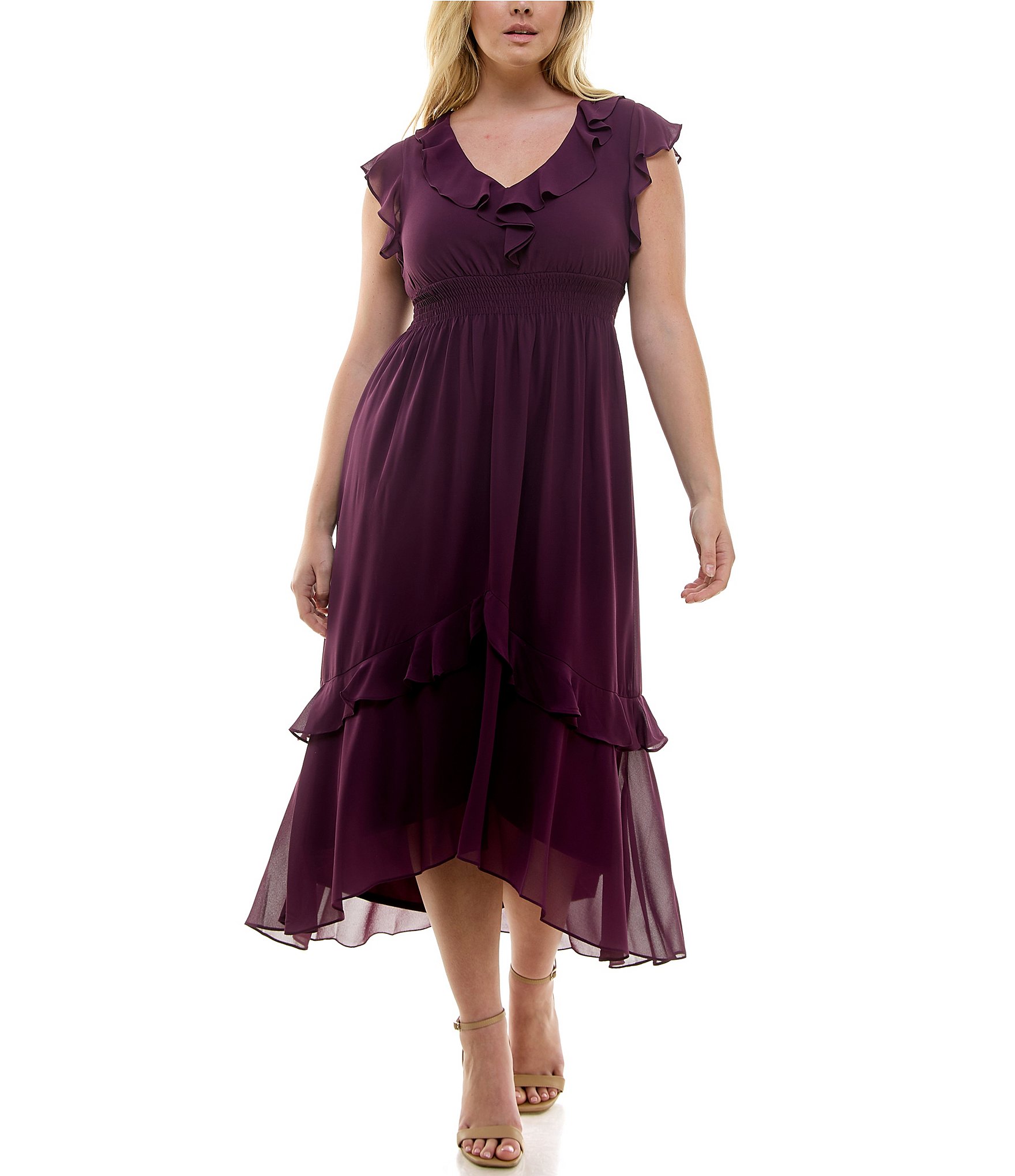 Maison Tara Plus Size Short Sleeve V-Neck Ruffle Midi Dress | Dillard's