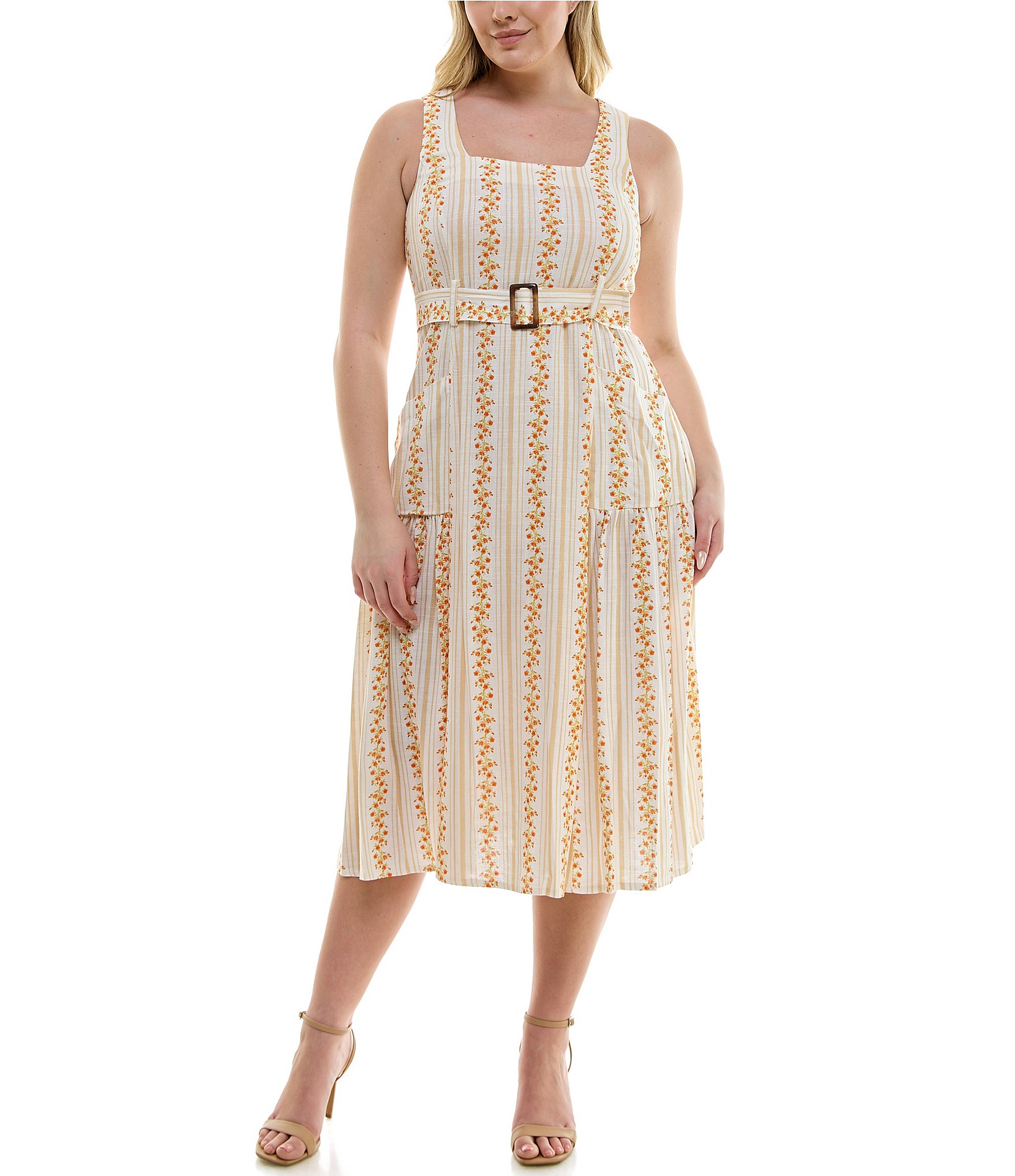 Maison Tara Plus Size Sleeveless Square Neck Belted Midi Dress Dillards 0645