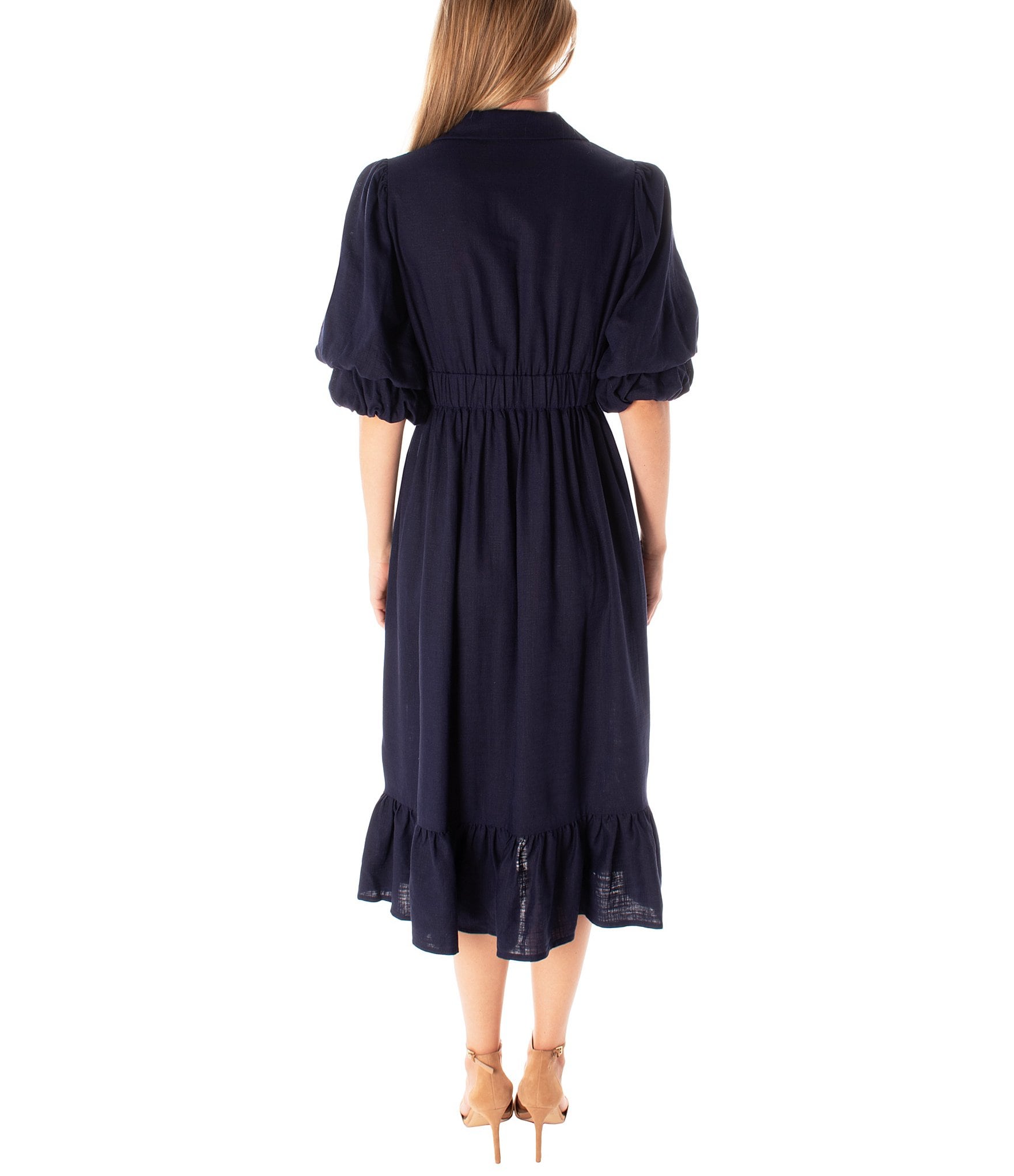 Maison Tara Short Puff Sleeve Notch Collar V-Neck Ruffle Hem Side Pocket Button Down Linen Blend Midi Dress