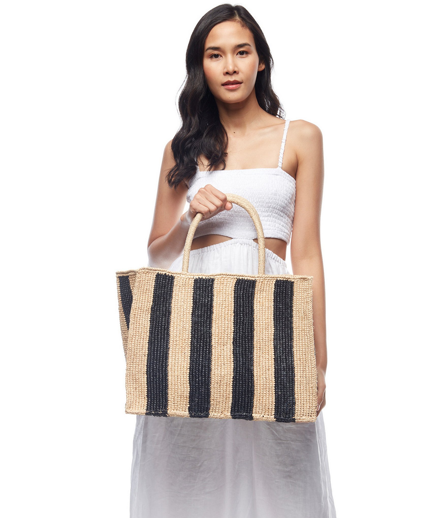 Mar Y Sol Roma Stripe Raffia Straw Tote Bag