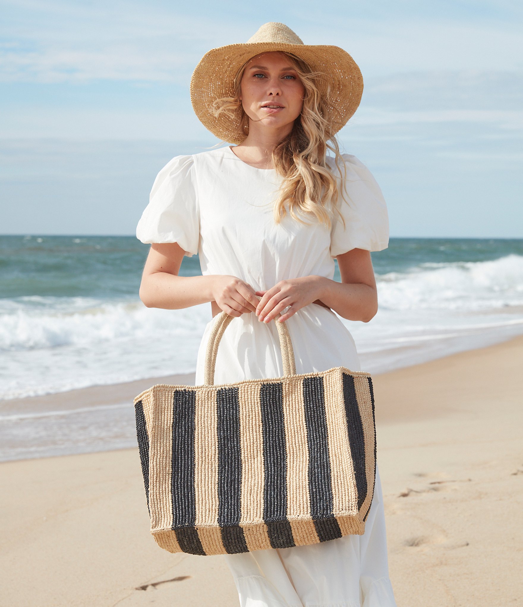 Mar Y Sol Roma Stripe Raffia Straw Tote Bag