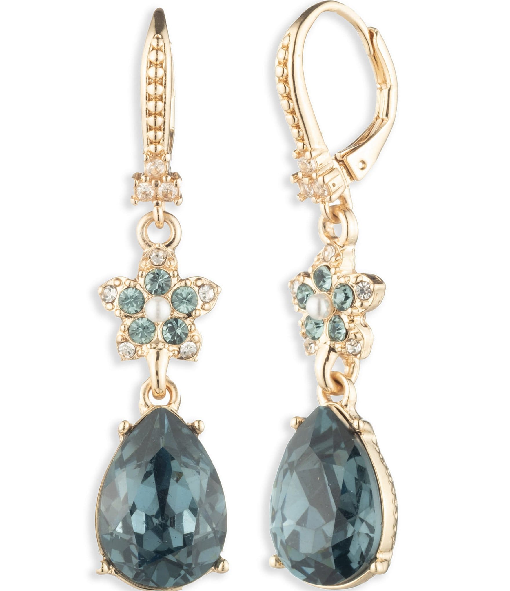 Marchesa Gold Tone Blue Multi Crystal Flower Double Drop Earrings