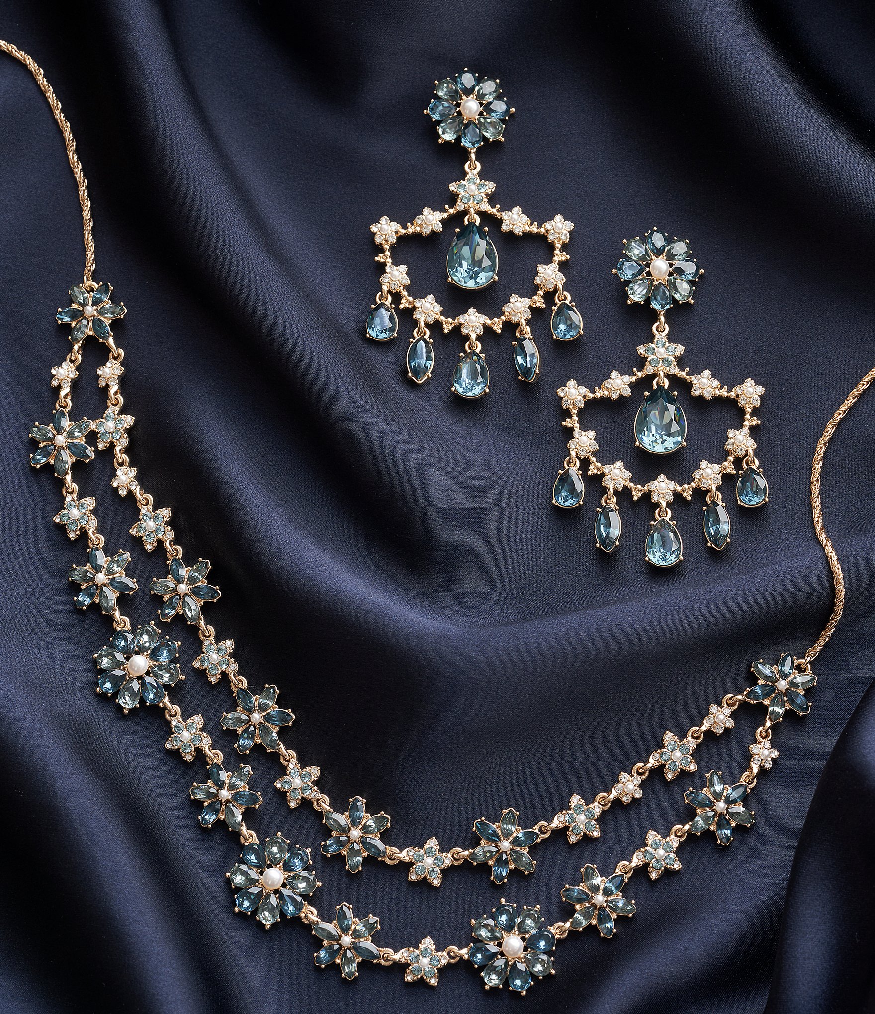 Marchesa Gold Tone Crystal Blue Multi Two Row Collar Necklace