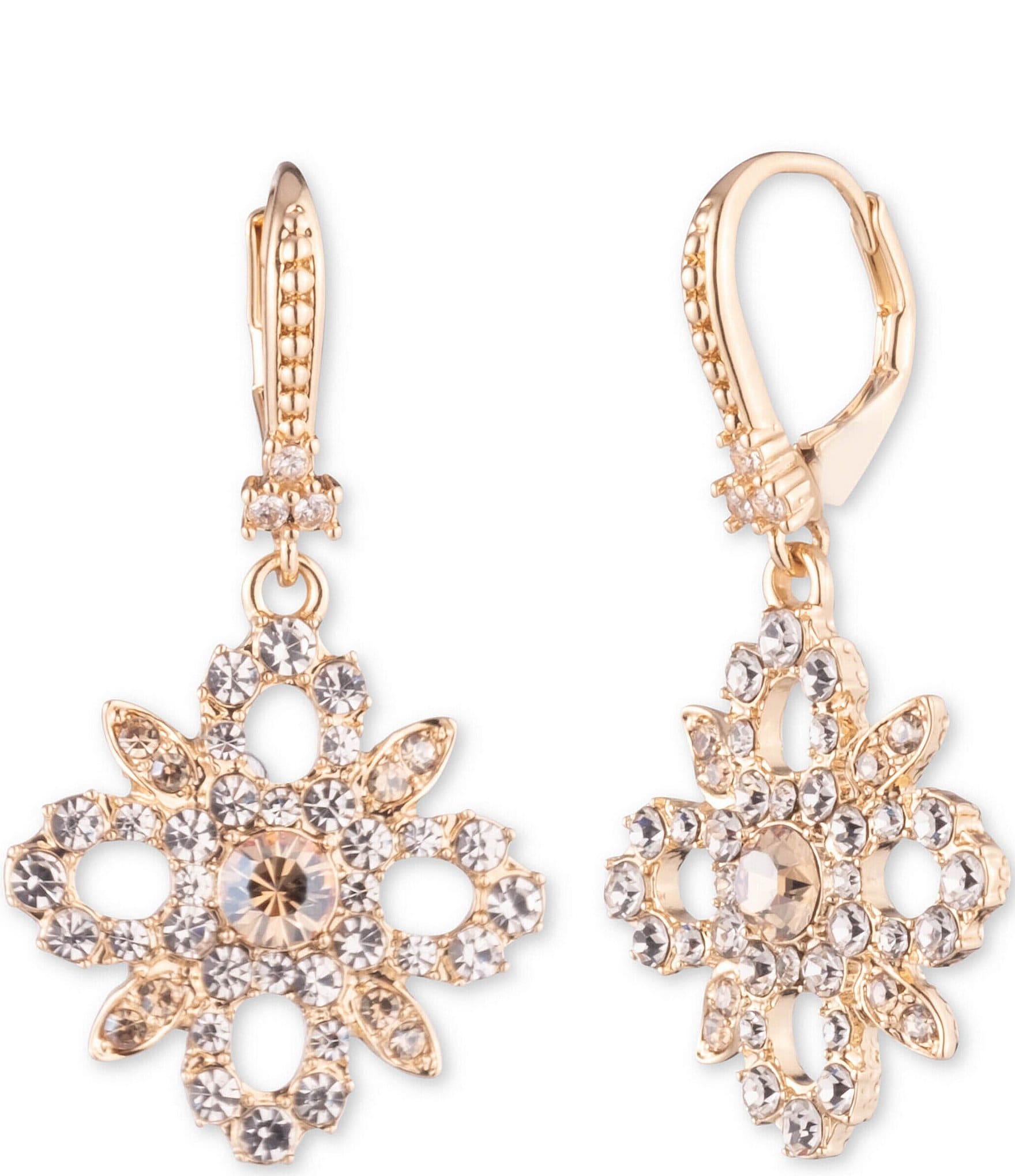 Marchesa Gold Tone Crystal Floral Drop Earrings