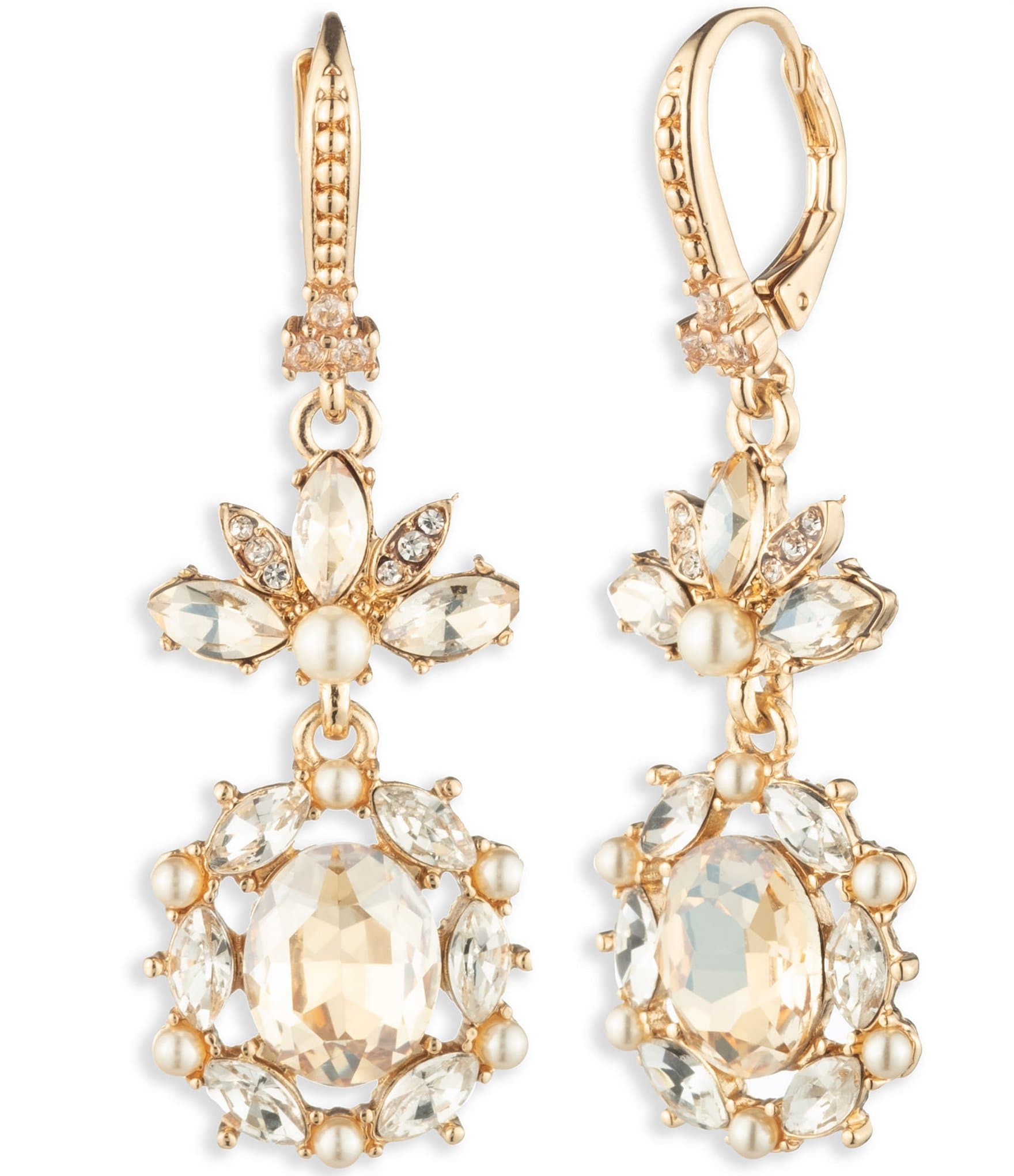 Marchesa Gold Tone Golden Stone Cluster Double Drop Earrings