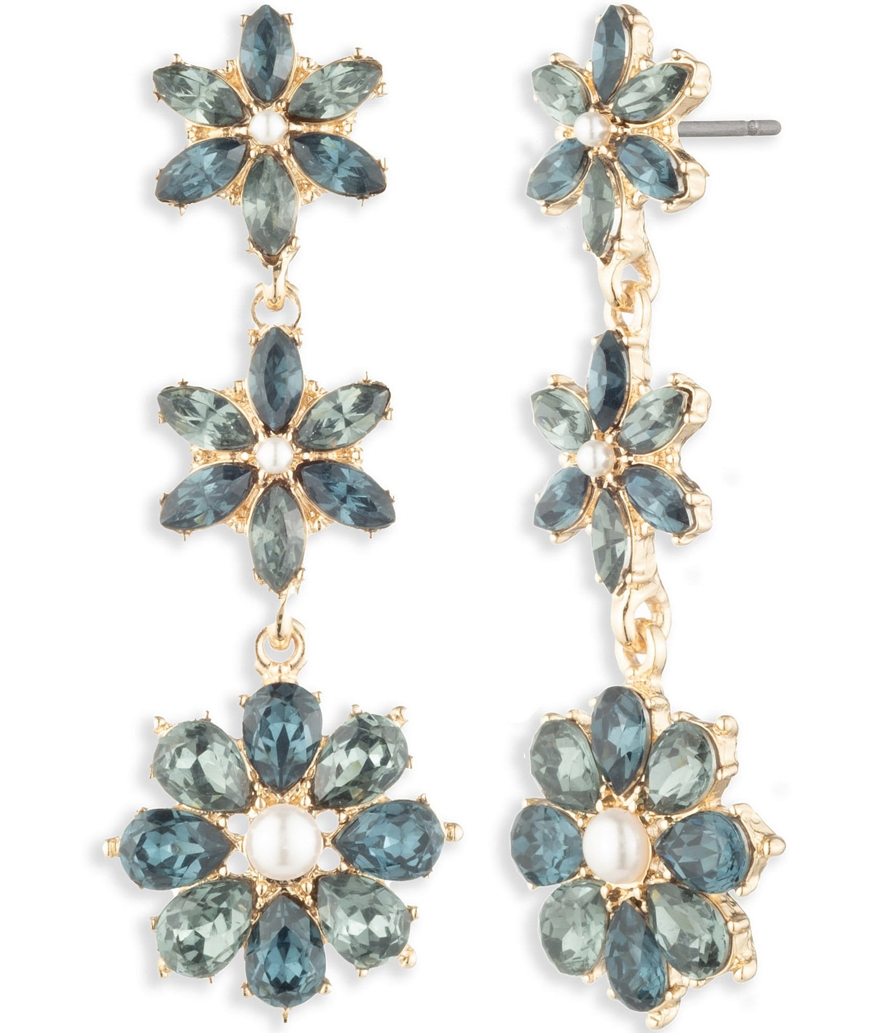 Marchesa Gold Tone Perl Blue Crystal Multi Cluster Linear Earrings