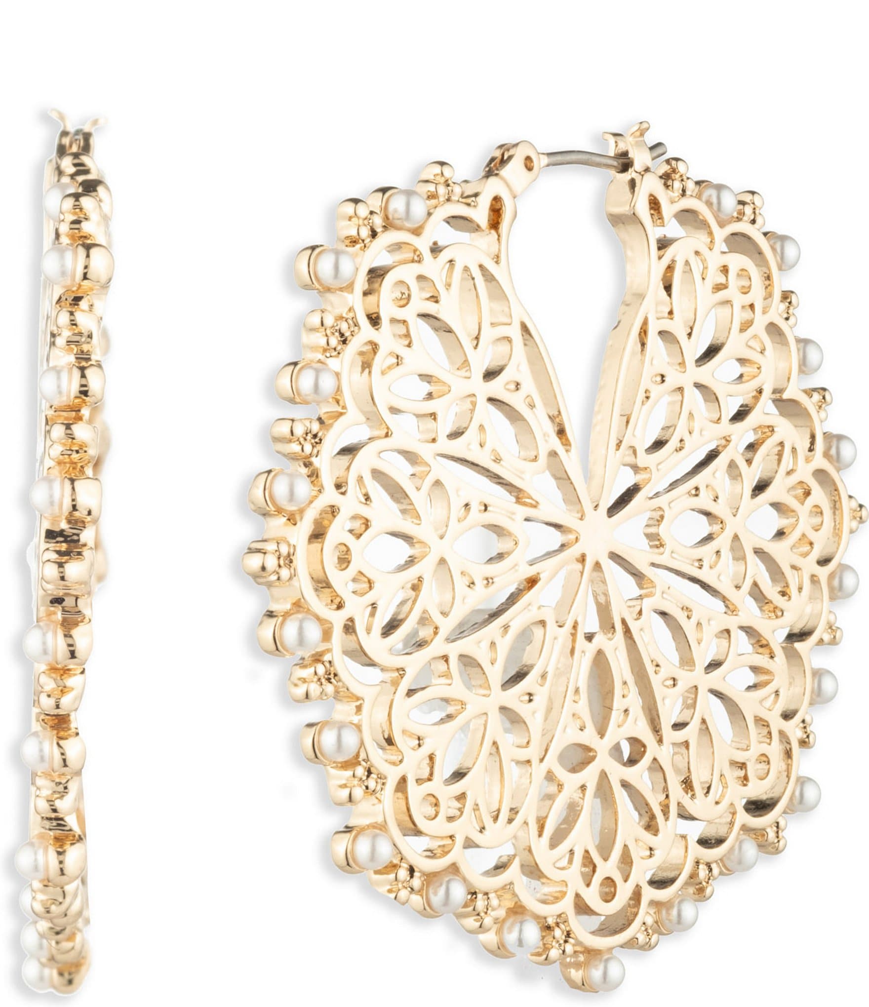 Marchesa Gold Tone White Filigree Pearl Detailed Hoop Earrings