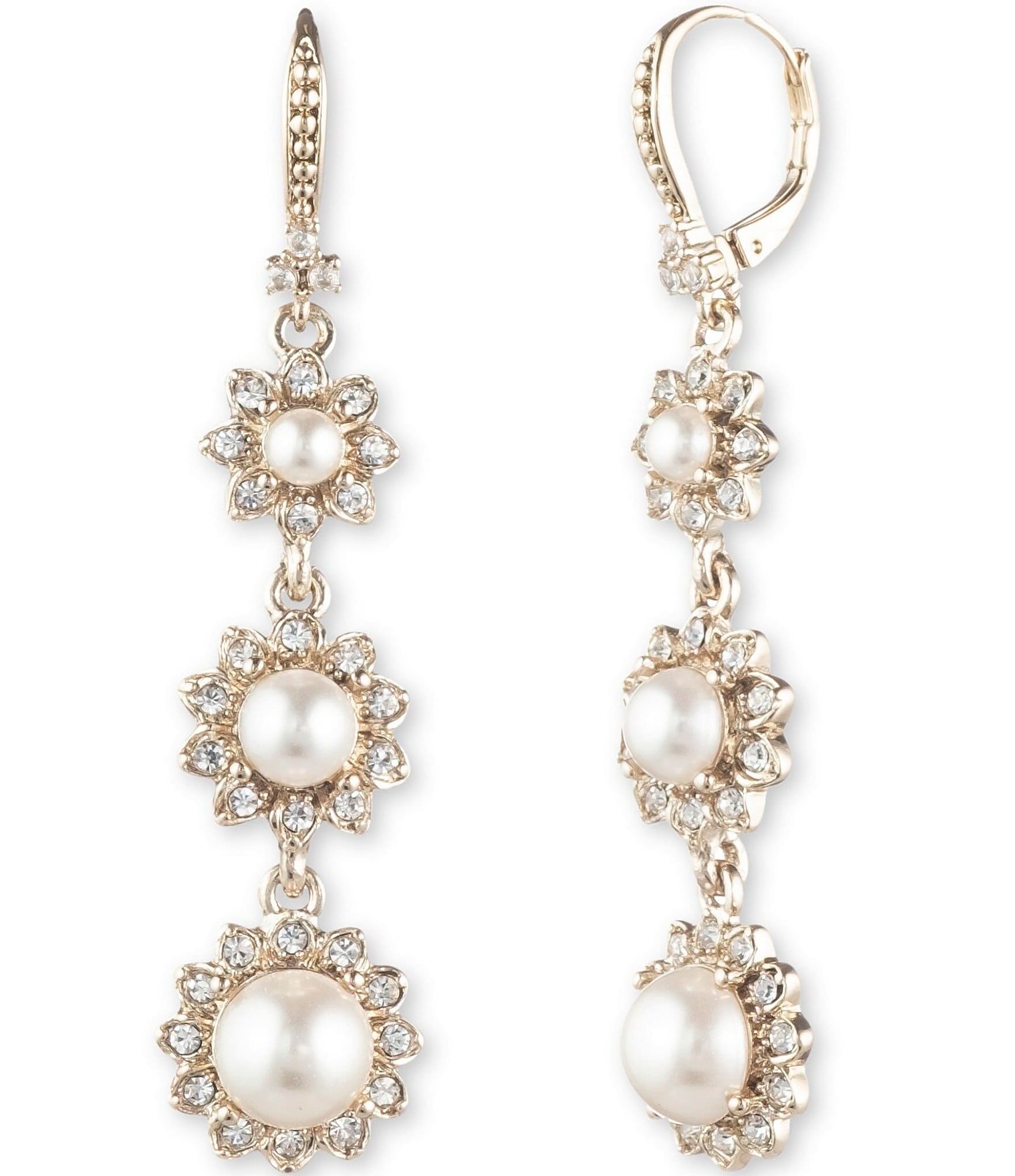 Marchesa Triple Pearl Statement Crystal Linear Earrings