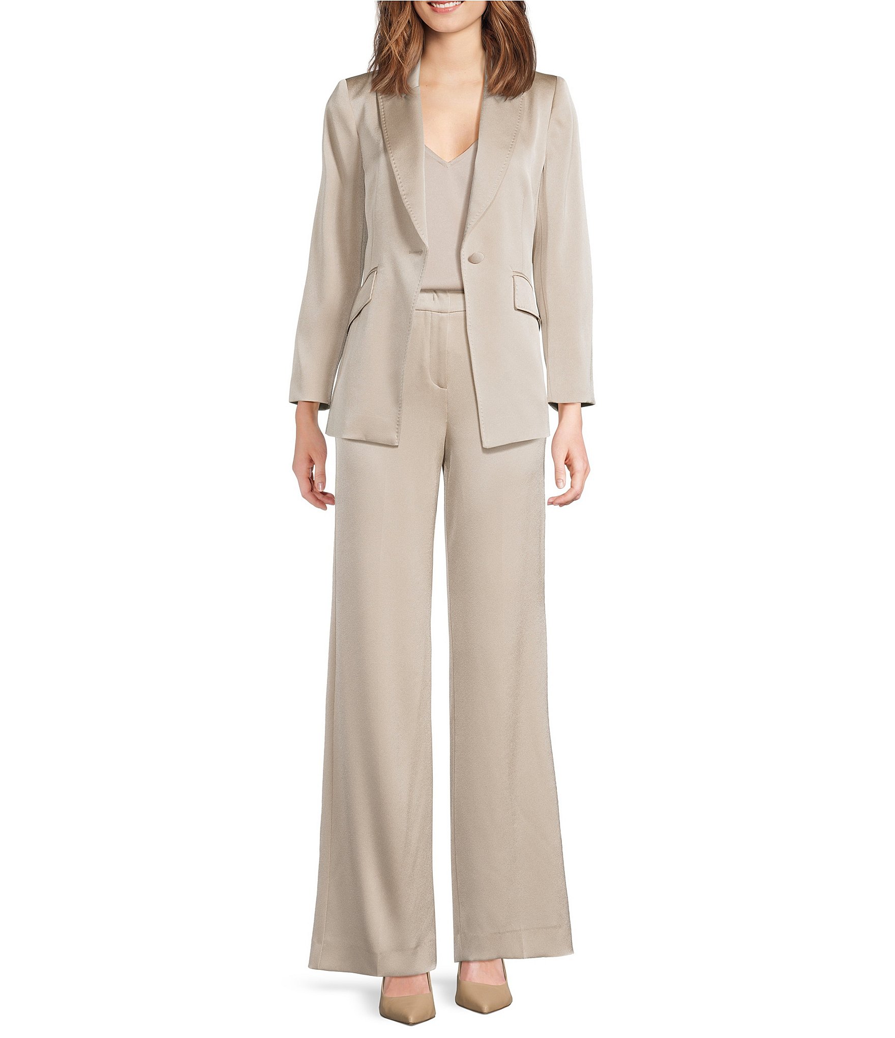 Marella Coordinating Cognac Satin Point Lapel Long Sleeve One-Button Blazer