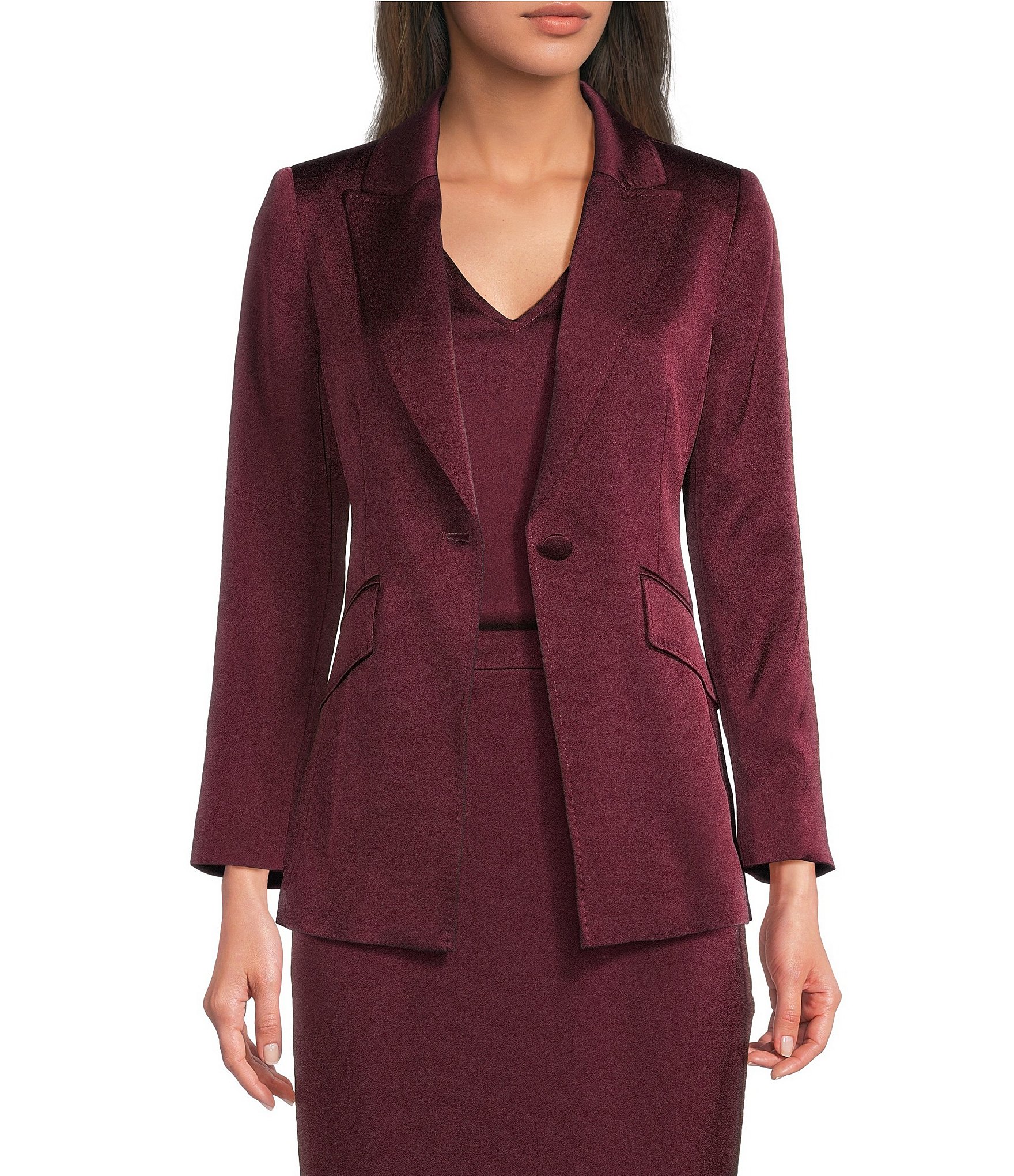 Marella Coordinating Cognac Satin Point Lapel Long Sleeve One-Button Blazer