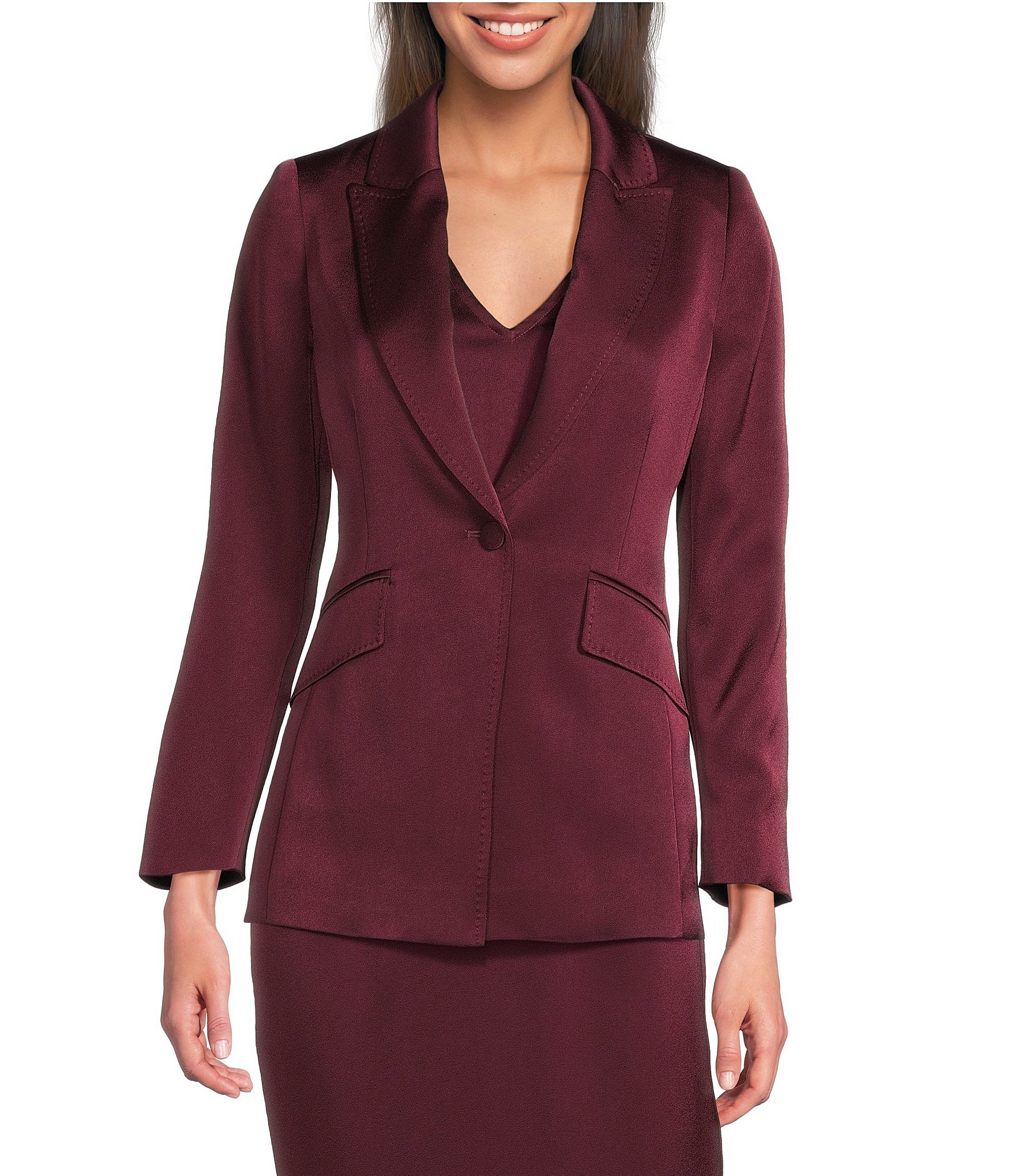 Marella Coordinating Cognac Satin Point Lapel Long Sleeve One-Button Blazer