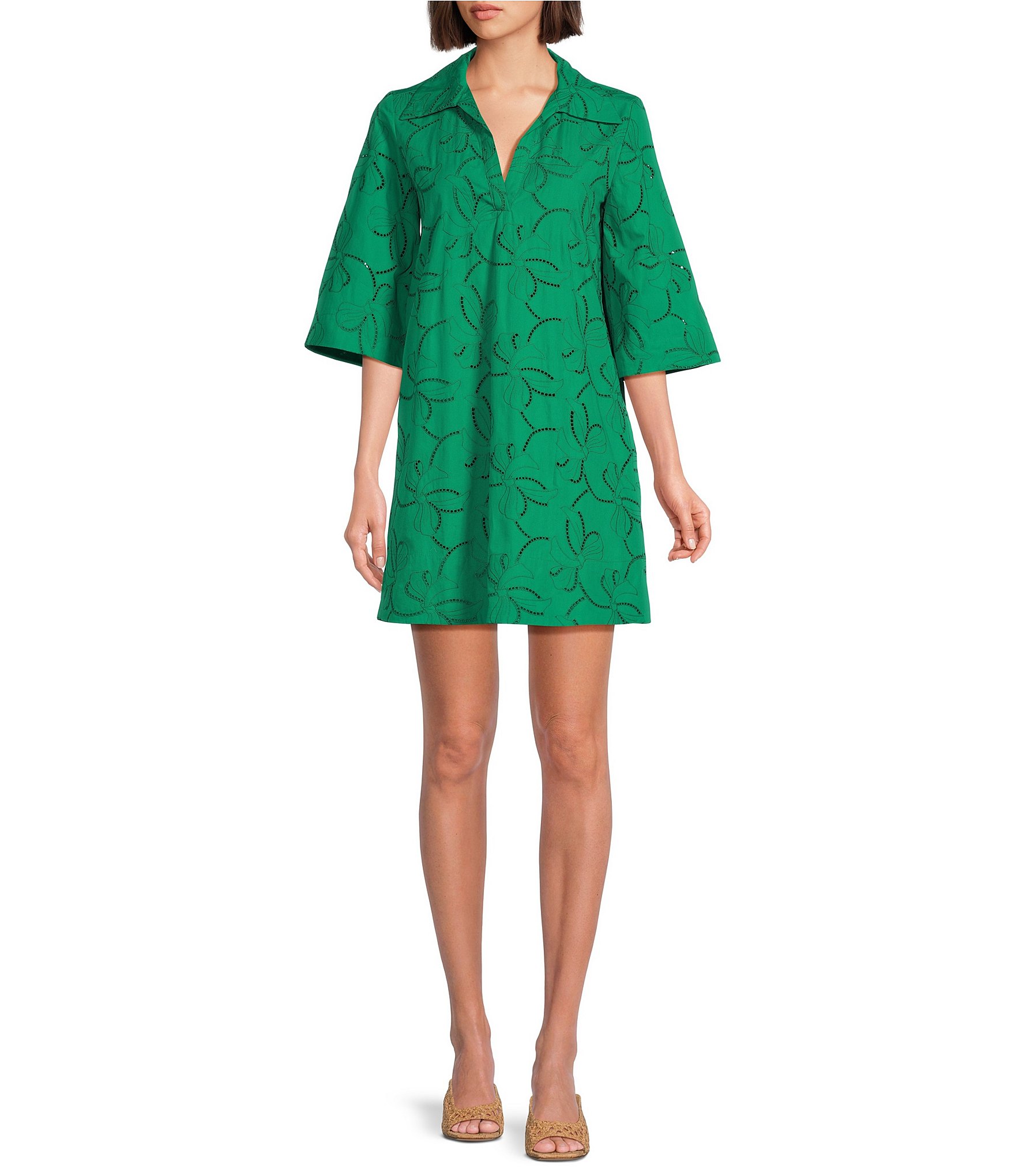 emerald green 3 4 sleeve dress Emerald Green Vintage A Line Crossover 3/4 Sleeve Tea Swing Dress – Pretty  Kitty Fashion main image 1