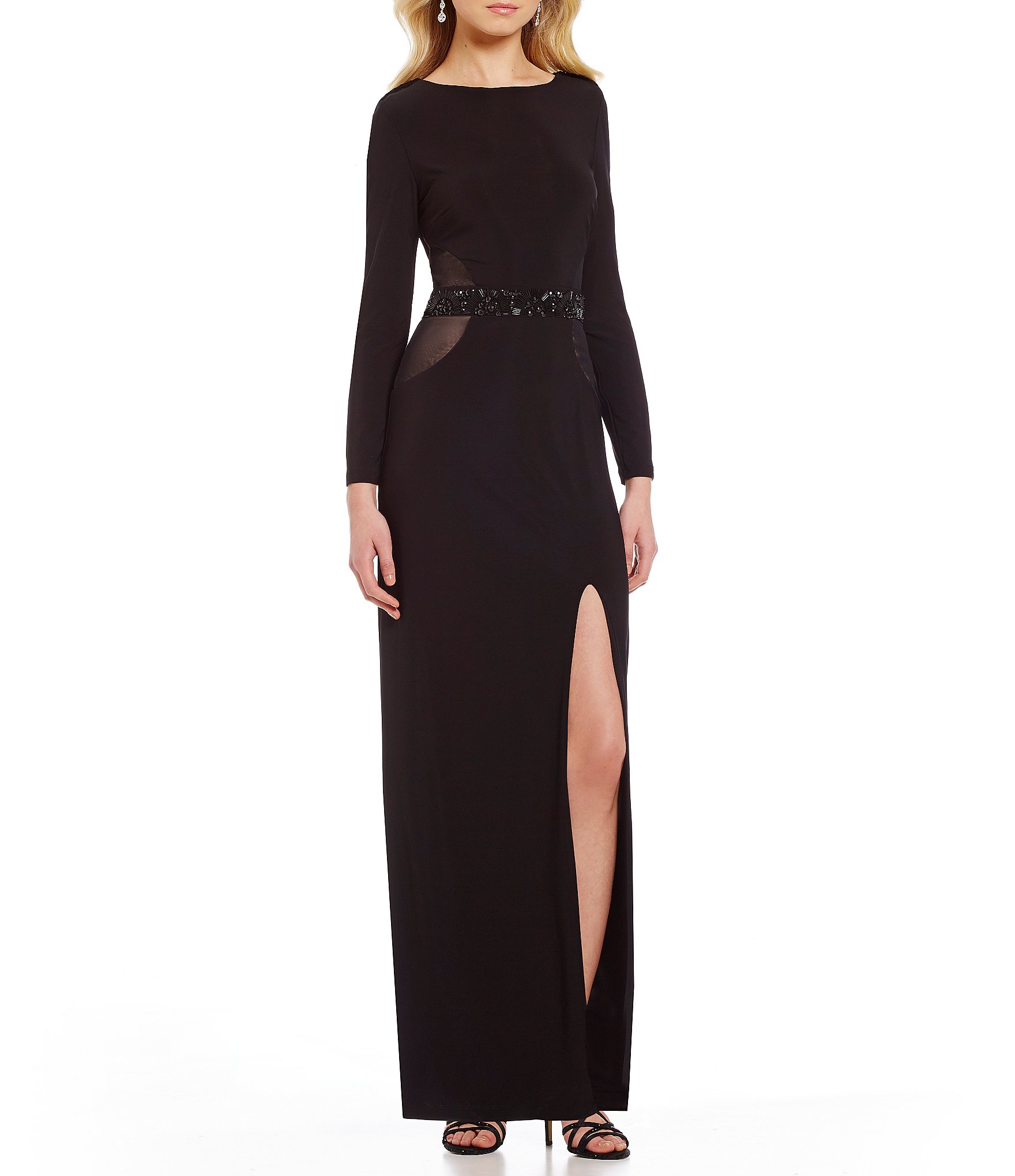 Marina Beaded-Waist Cowl-Back Long Sleeve Front Slit Jersey Gown | Dillards