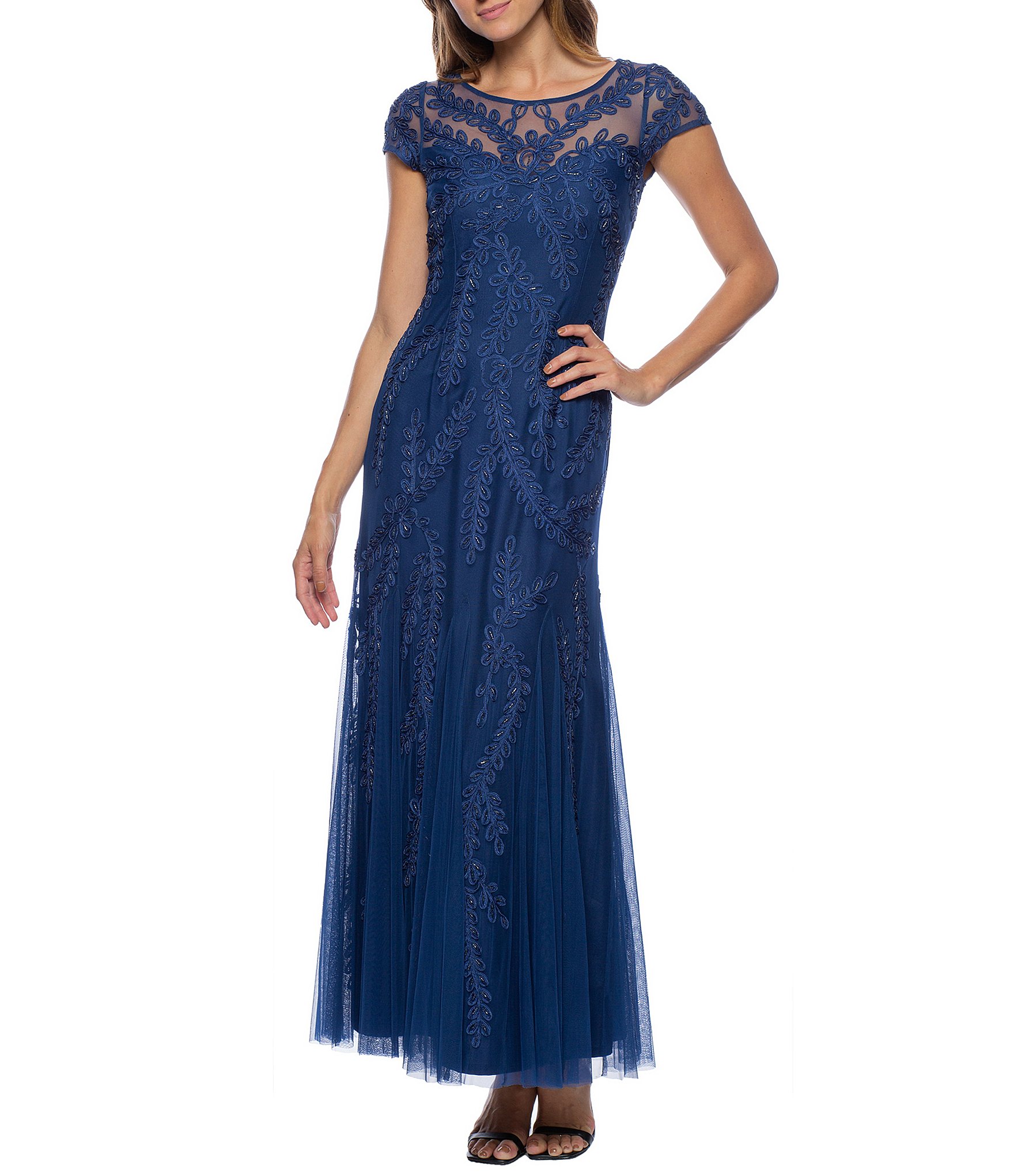 Marina Cap Sleeve Illusion Neck Soutache Long Gown | Dillard's
