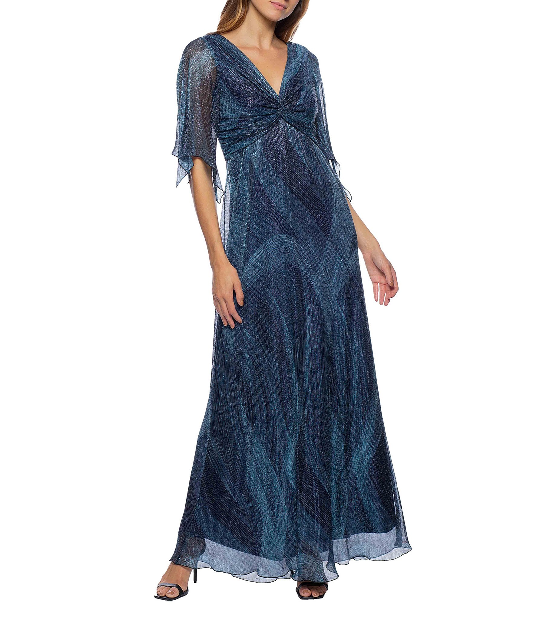 Marina Gathered V-Neck 3/4 Flutter Sleeve Metallic Mesh Gown | Dillard's