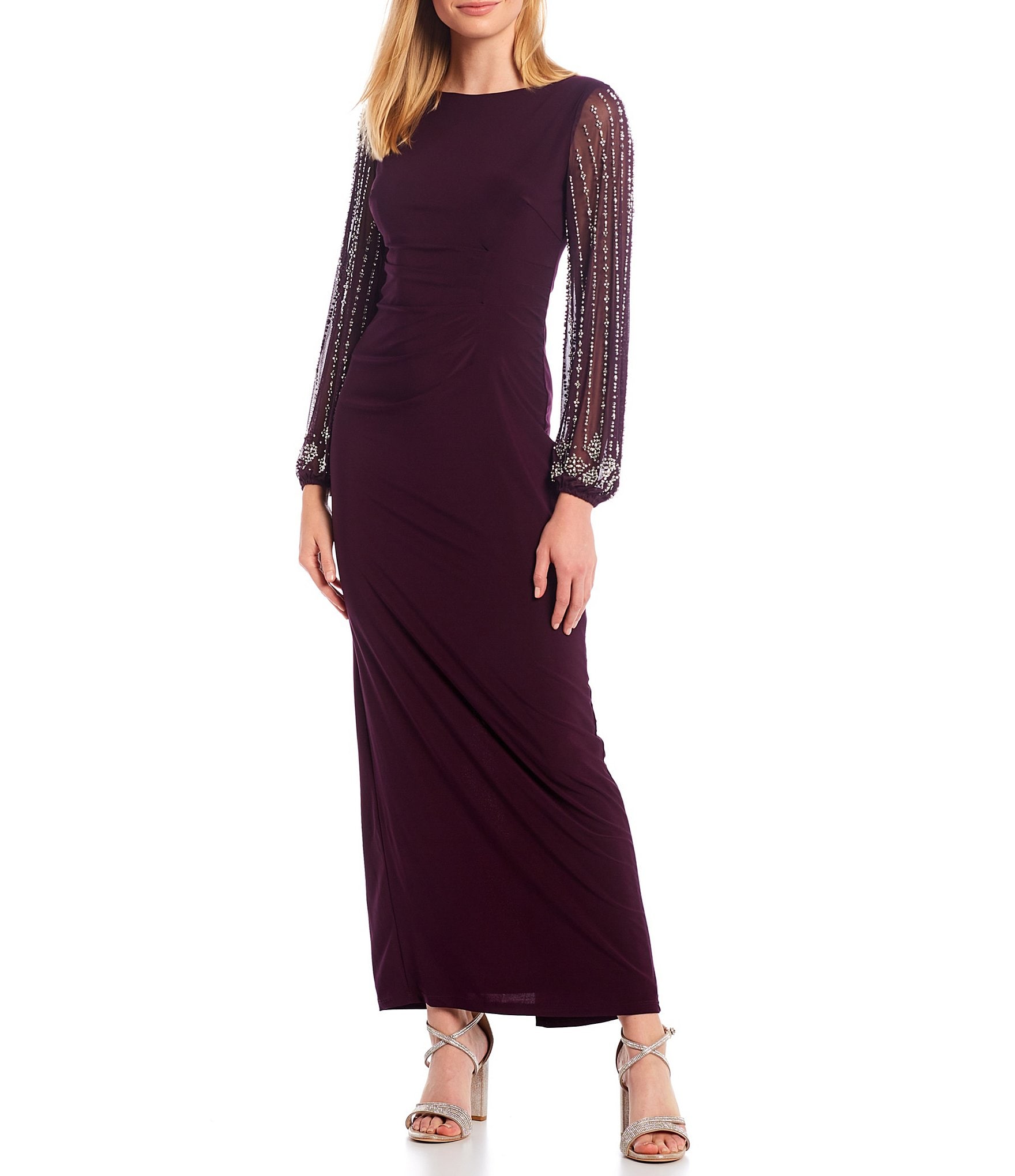 Marina Bateau Neck Long Beaded Sleeve Matte Jersey Gown | Dillard's