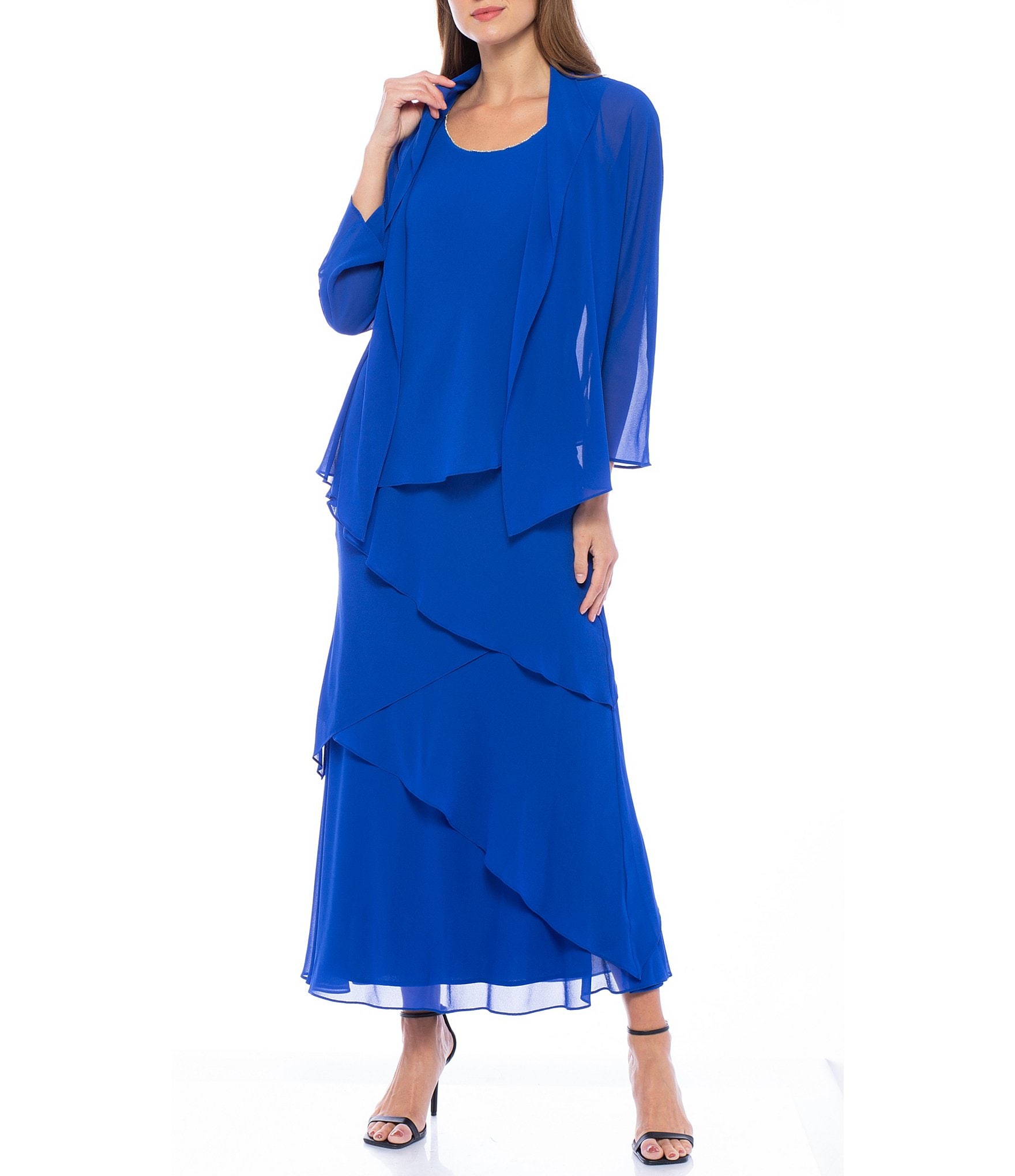 Marina Long Sleeve Scoop Neck Tiered Chiffon Long Dress | Dillard's