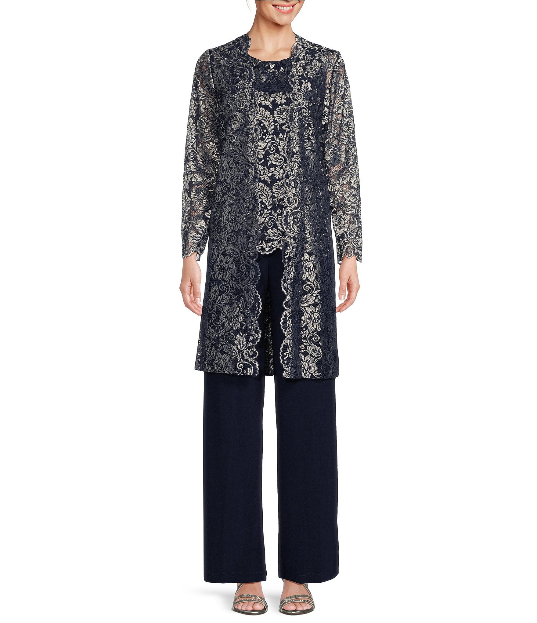R & M Richards Printed Matte Jersey Round Neck 3/4 Sleeve 3-Piece Duster  Pant Set