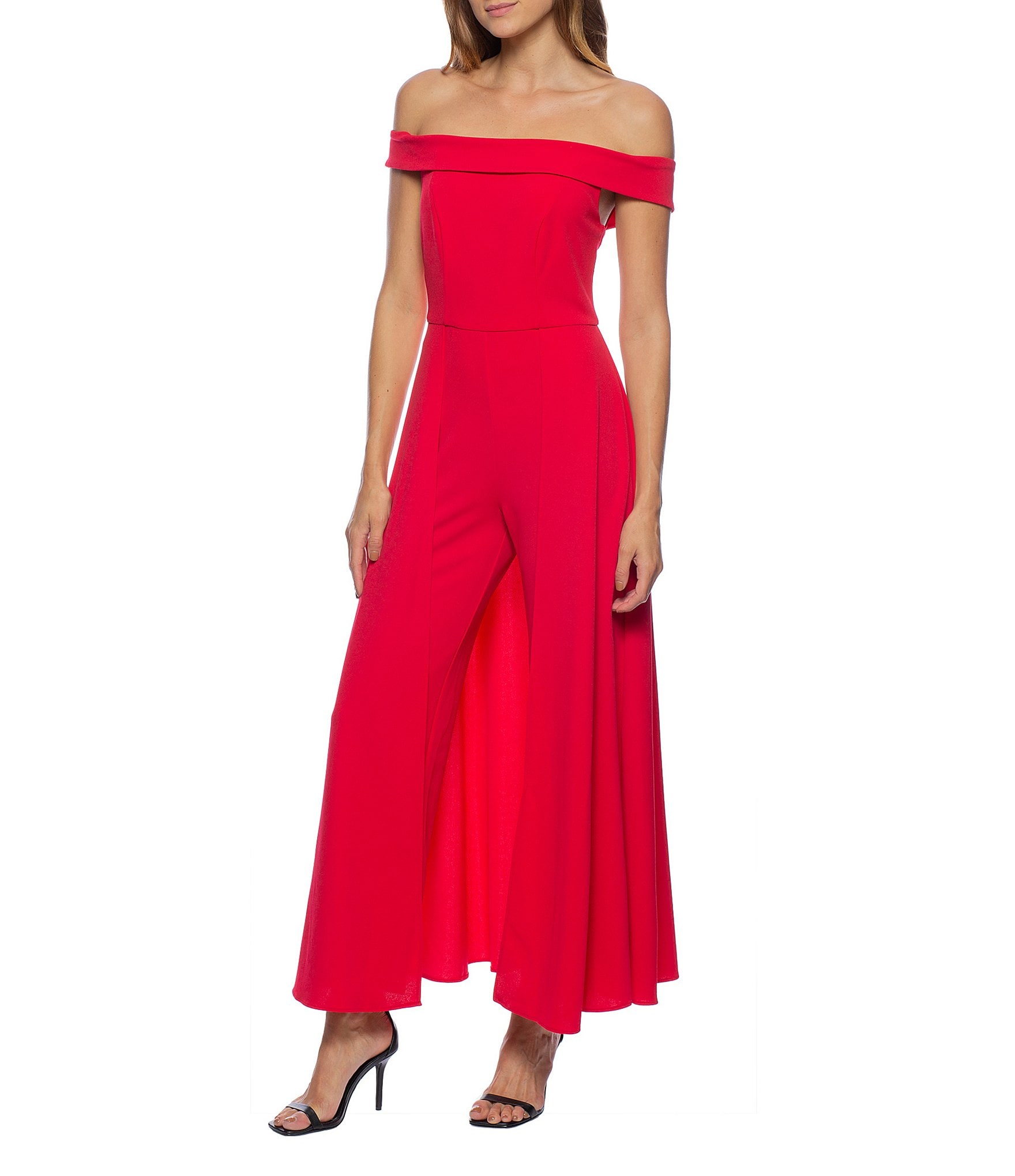 Marina Off-the-Shoulder Cap Sleeve Overlay Stretch Crepe Jumpsuit ...