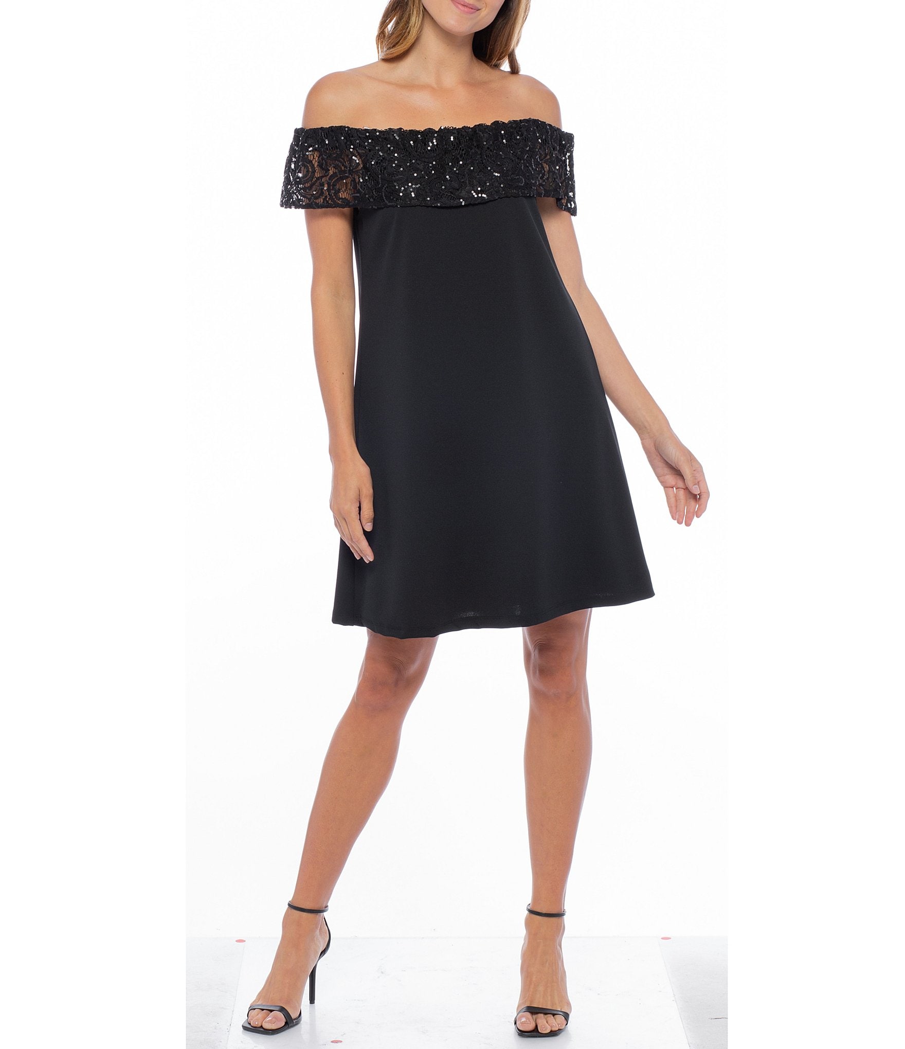 Marina Off-the-Shoulder Sequin Lace Swing Dress | Dillard's