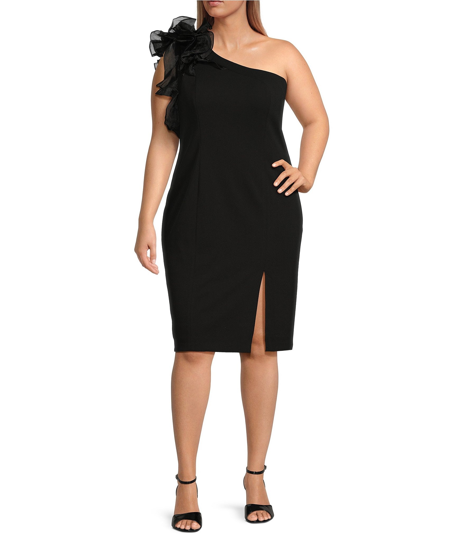 Marina Plus Size Ruffle One Shoulder Sleeveless Scuba Crepe Sheath Dress