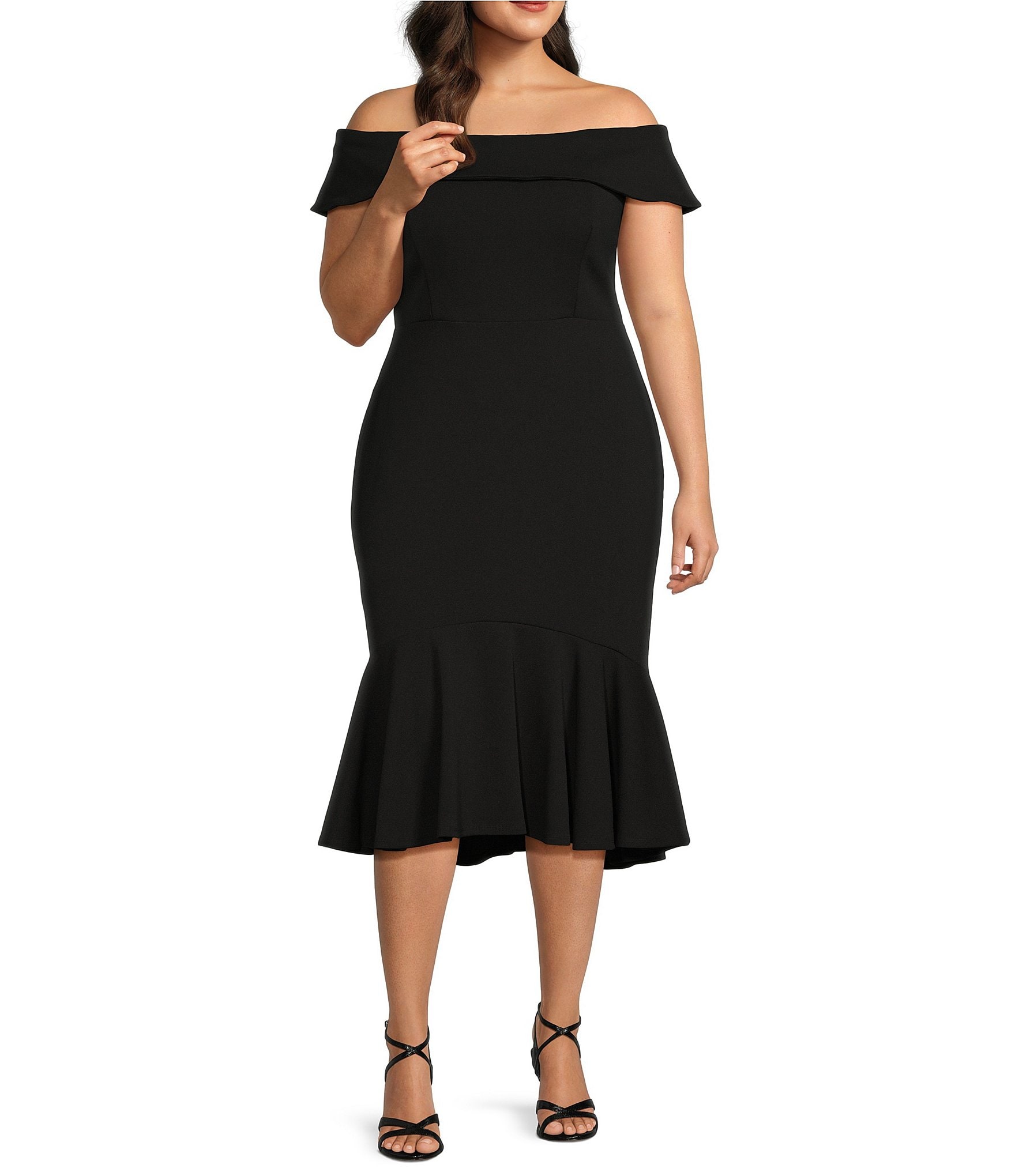 Marina Plus Size Sleeveless Off-The-Shoulder Flounce Hem Crepe Midi Fit ...