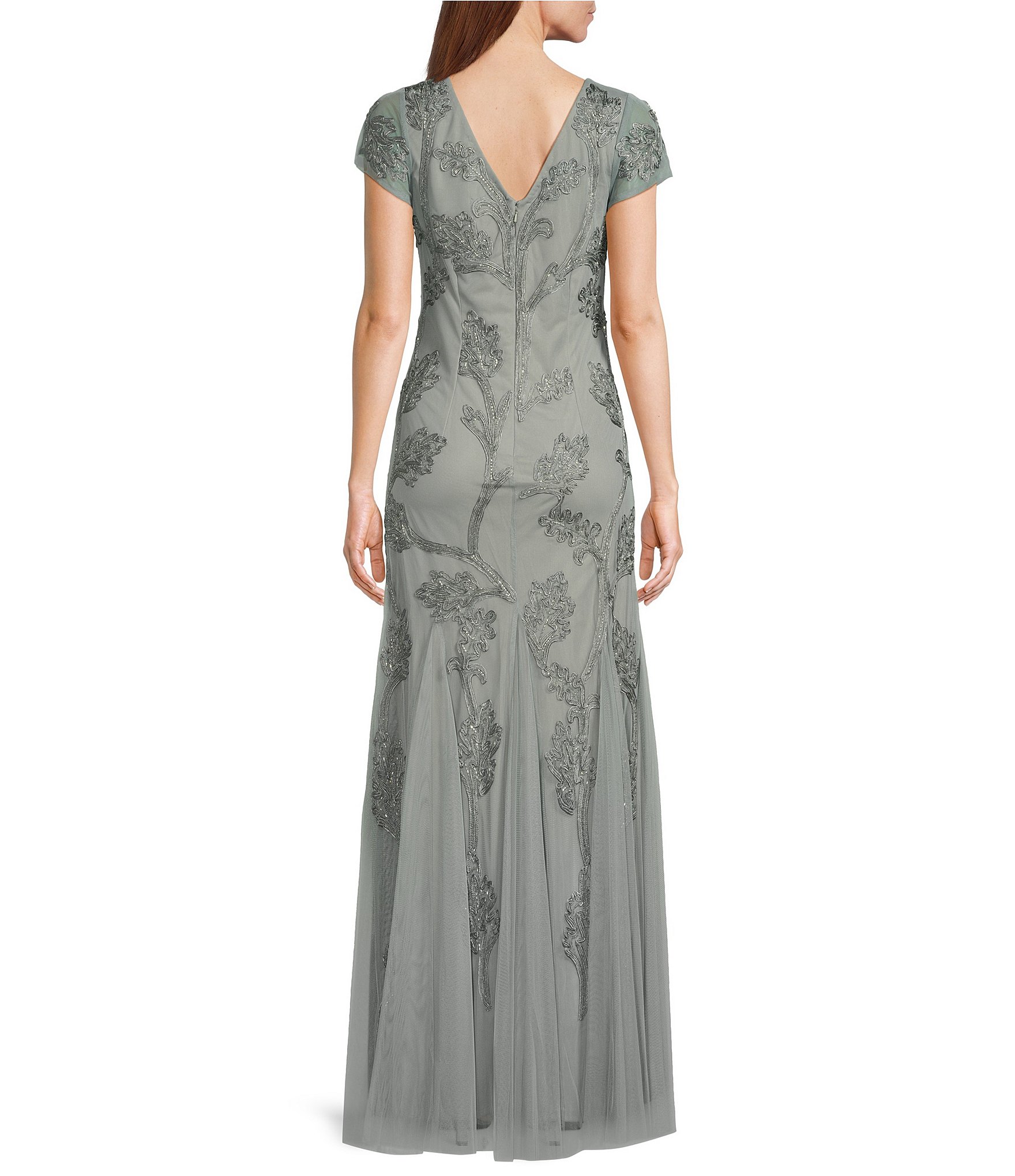 Marina Power Mesh V-Neck Cap Sleeve Soutache Vine Beading Sheath Gown