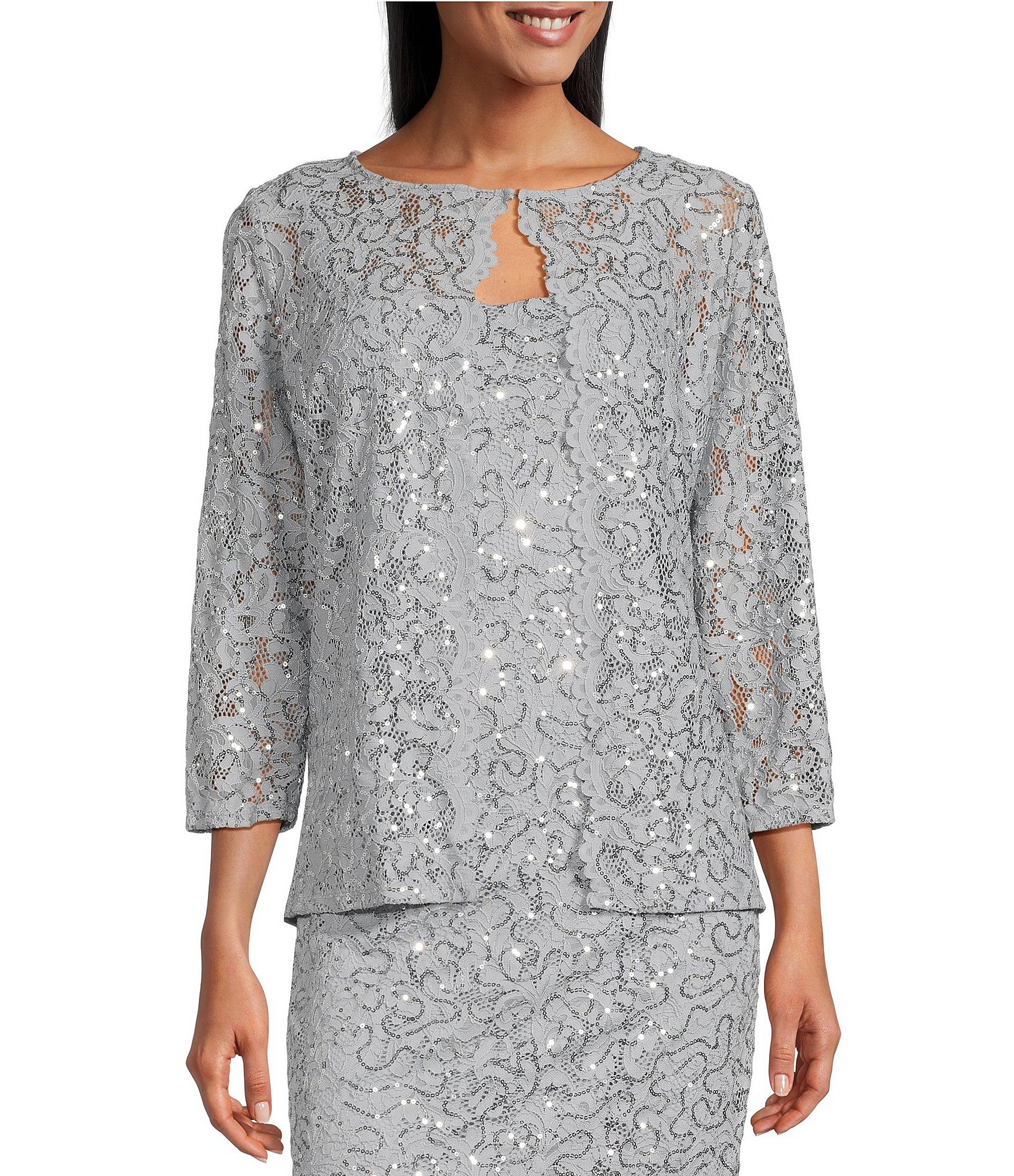 Marina Scalloped Glitter Lace Scoop Neck 3/4 Sleeve 2-Piece Jacket Dress