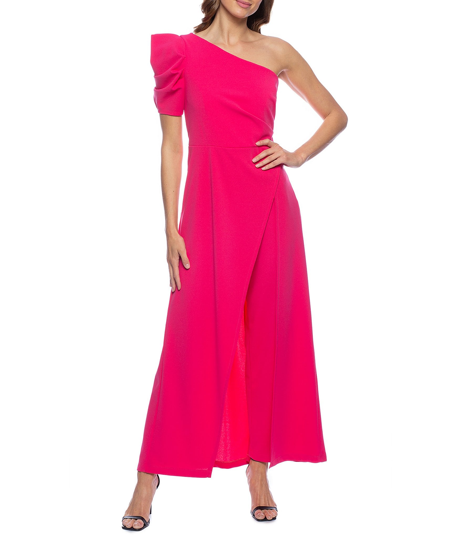 Xscape Off-The-Shoulder Scuba Crepe Ruched Waist Ruffled Front