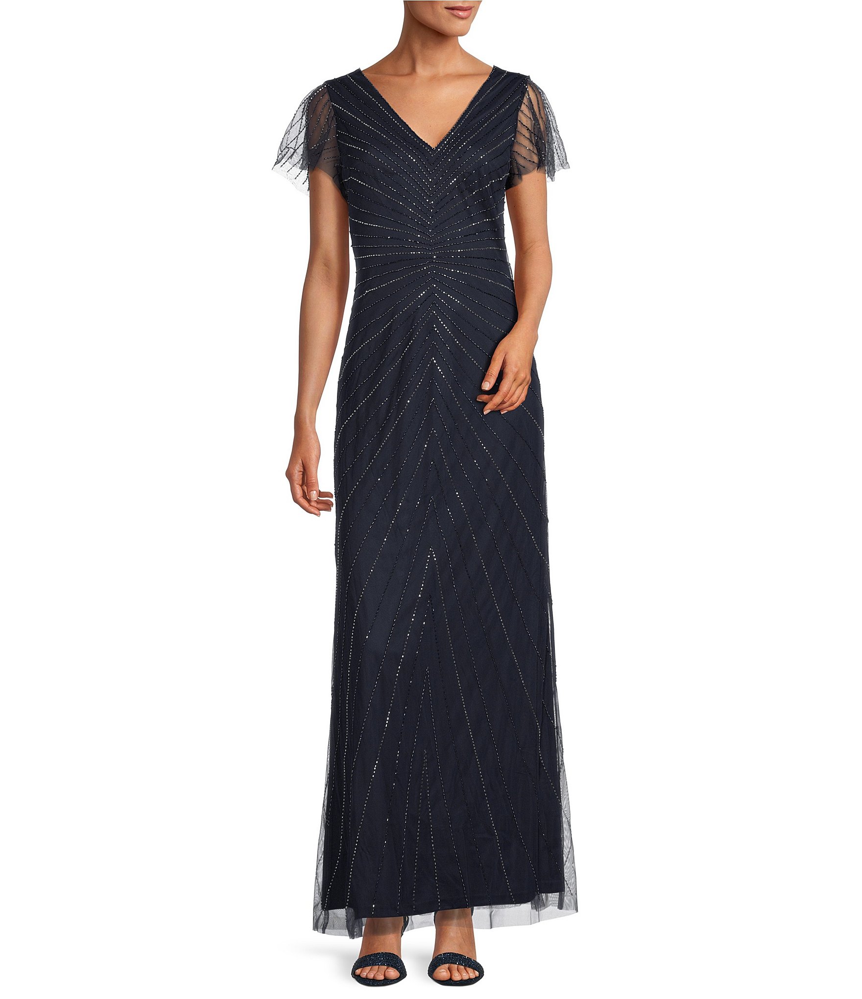 Marina Short Illusion Flutter Sleeve V-Neck Beaded Gown | Dillard's