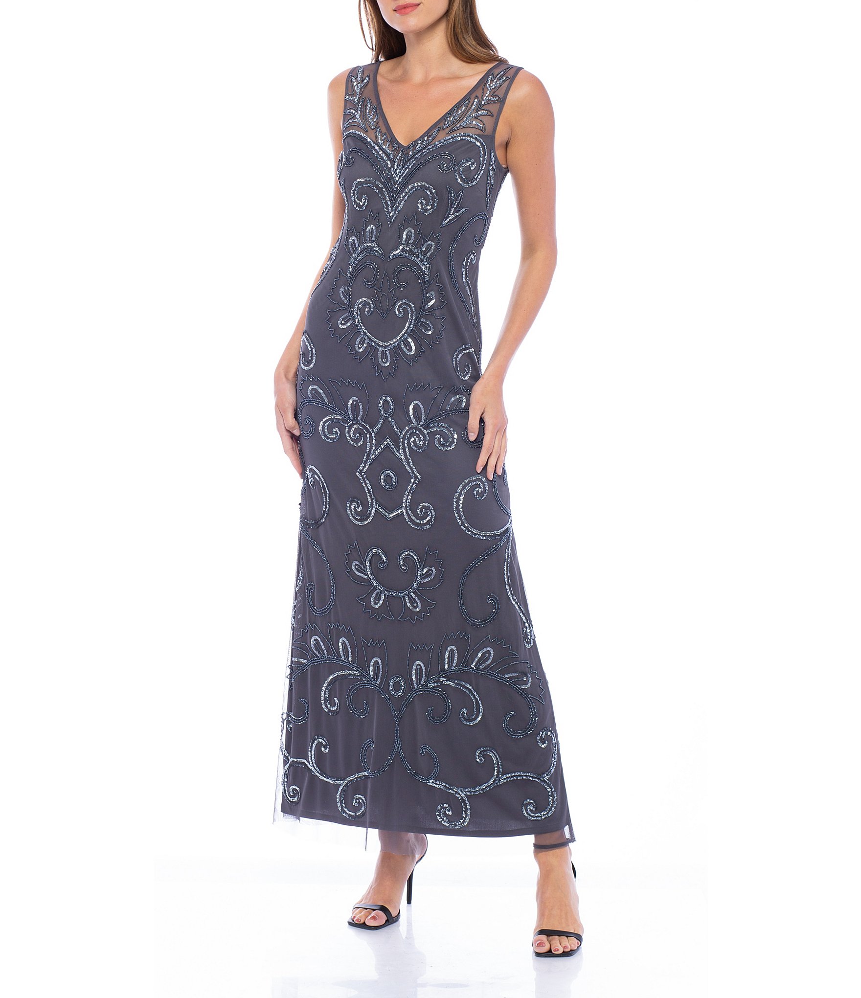 Marina sleeveless illusion yoke lace gown sale