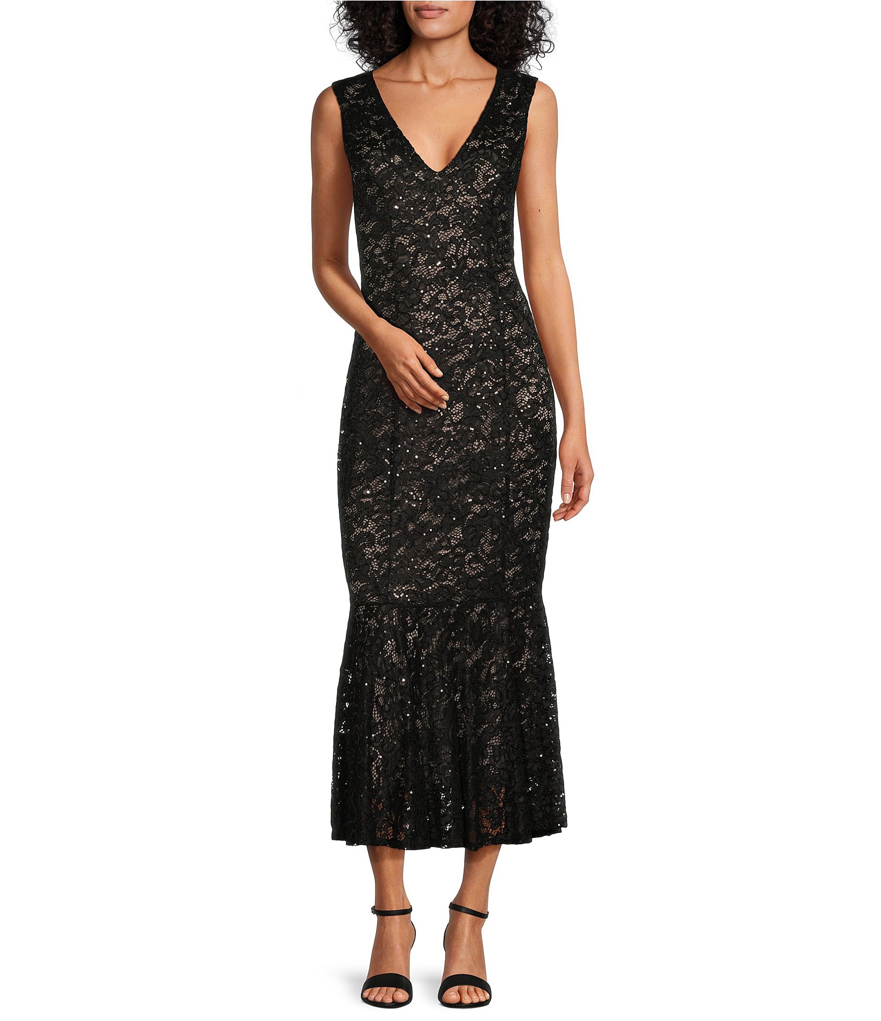 Marina Sleeveless V-Neck Sequin Lace Midi Dress | Dillard's