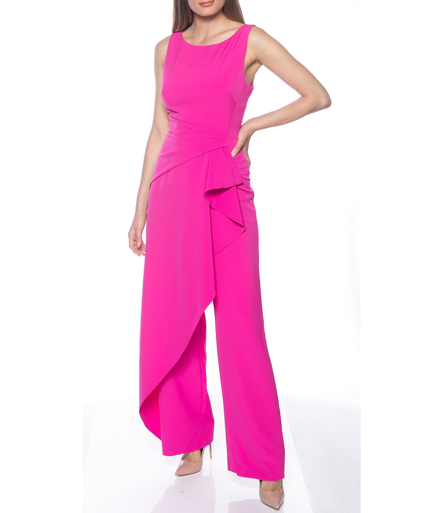 Marina Stretch Crepe Round Neck Sleeveless Cascade Front Drape Jumpsuit ...